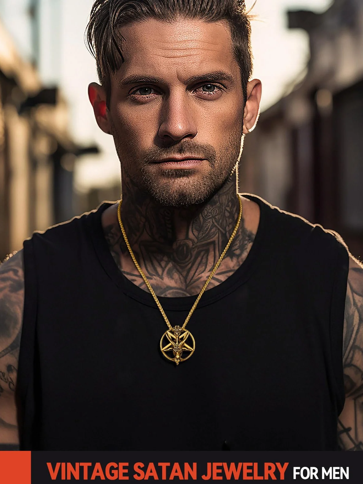 FaithHeart Męski wisiorek w stylu punkowym, szatan, głowa kozy, wisiorek w kształcie pentagramu, z symbolem runy, punk, gotyk, na Boże Narodzenie, Dzień Ojca, Walentynki