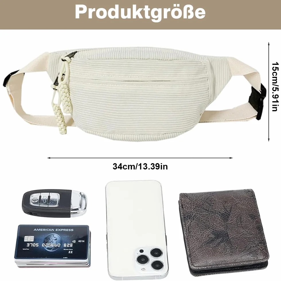 Damska nerka nerka ze sztruksu, torba na ramię, sztruksowa, modna torebka biodrowa ze sztruksu, do uprawiania sportu, podróży, biegania, szkoły (biała), biały, L, sport