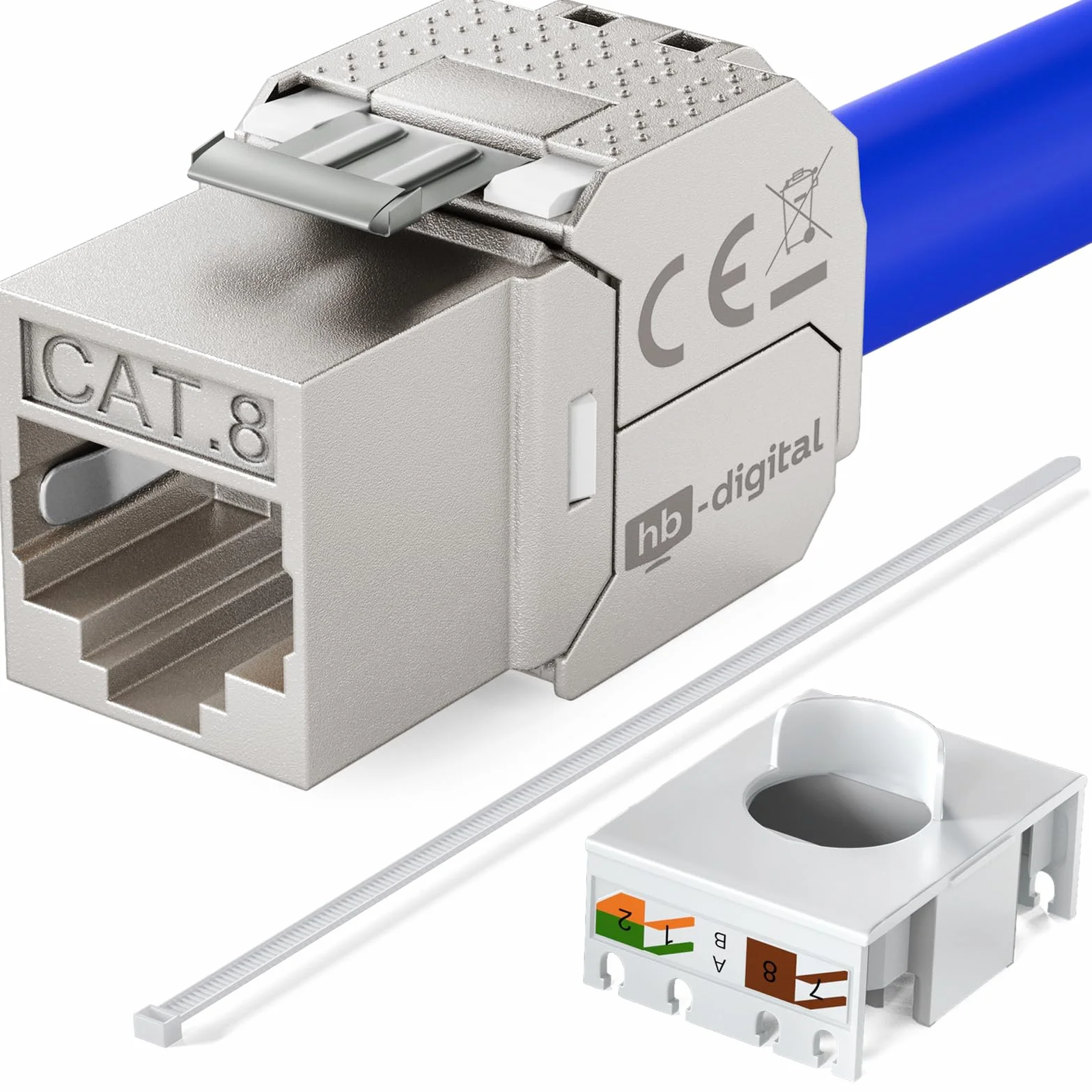HB-DIGITAL Zestaw: 8-portowy panel krosowy obudowa do modułów Keystone + 8 x Cat.8 Keystone RJ45 gniazdo Jack do instalacji sieciowej kompatybilne z kablem instalacyjnym LAN Ethernet | jasnoszary