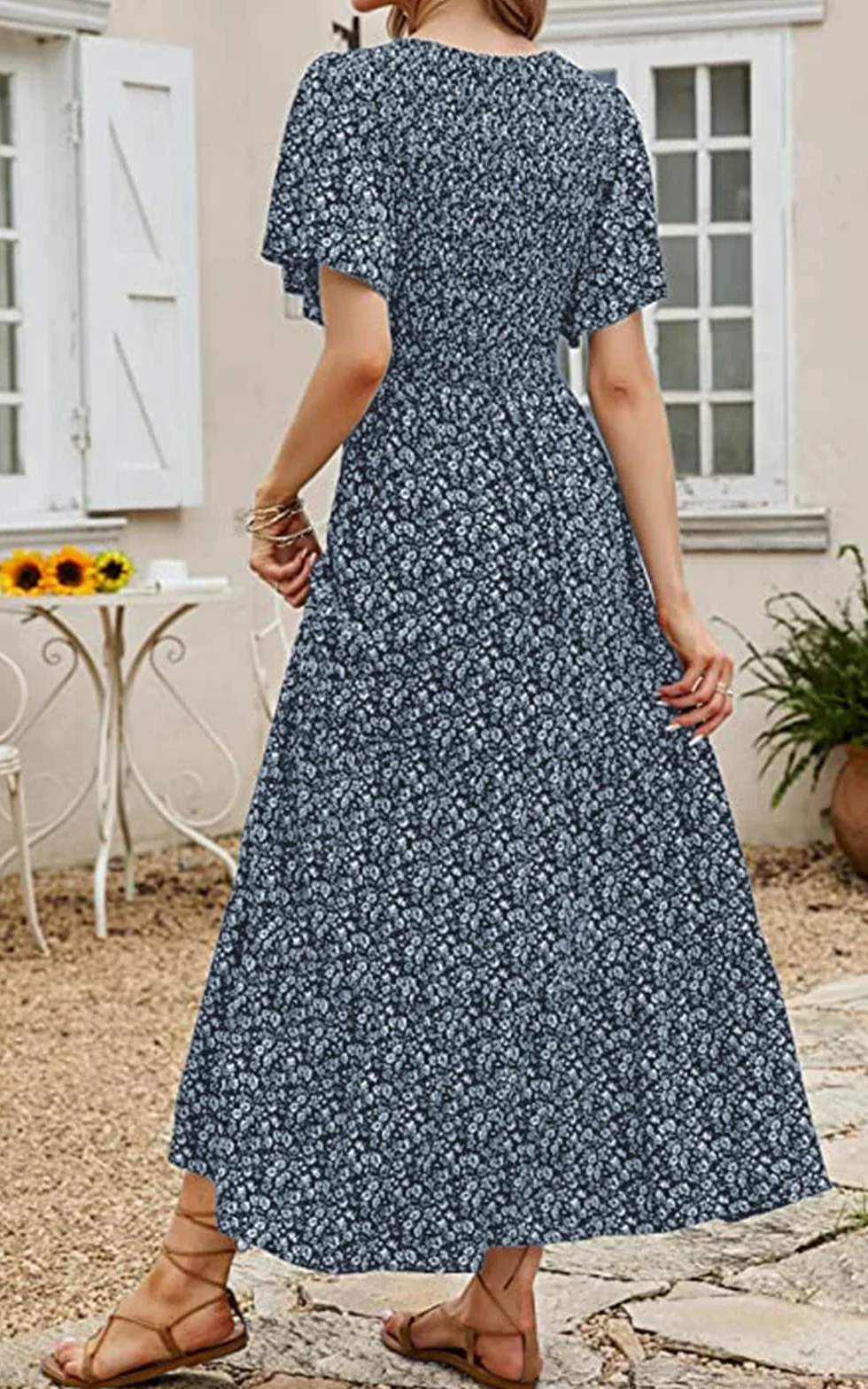 PRETTYGARDEN Women's Floral Maxi Dress Round Neck Short Flutter Sleeve Smocked Ruffle Flowy Tiered Boho Dress Navy Medium