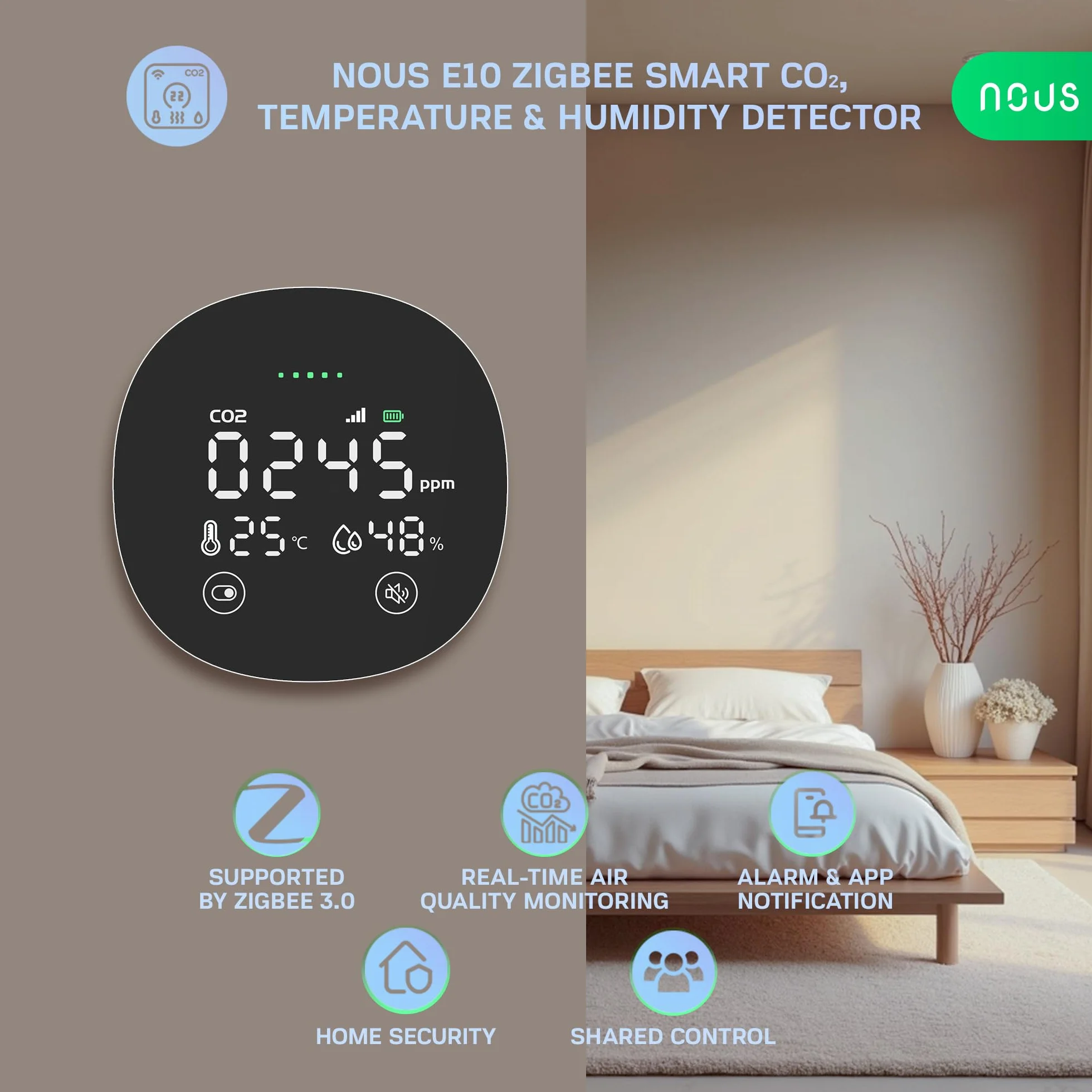 Nous E10 ZigBee czujnik CO2 z czujnikiem temperatury i wilgotności powietrza, inteligentny monitor jakości powietrza, wskaźnik LED, alarm aplikacji, monitorowanie w czasie rzeczywistym, Zigbee 3.0