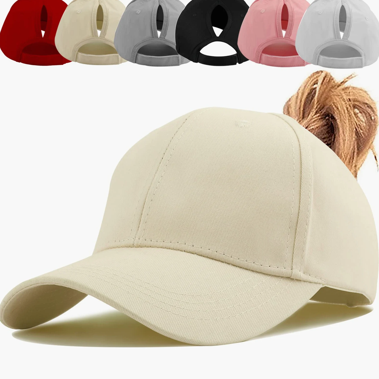 Damska czapka z daszkiem z kucykiem, unisex regulowana wysoka niechlujna czapka z kucykiem, klasyczne czapki na zewnątrz w jednolitym kolorze z pętlą na kucyk, Beige, Rozmiar uniwersalny