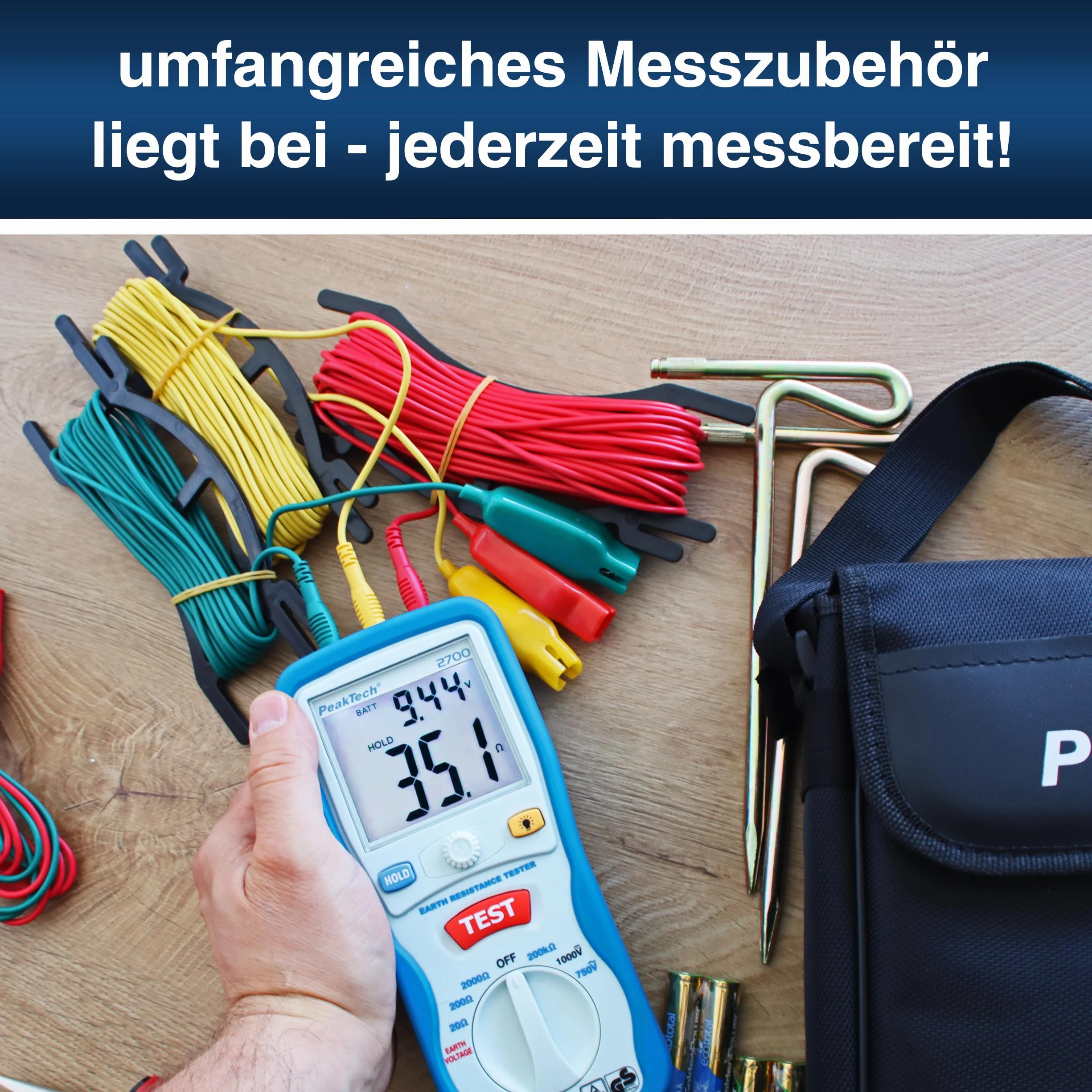 PeakTech 2700 - cyfrowy miernik uziemienia z podświetlanym podwójnym wyświetlaczem LCD i 2 prętami uziemiającymi, oporem podłogowym, pomiarem, AC/DC, TÜV/GS, Data-Hold