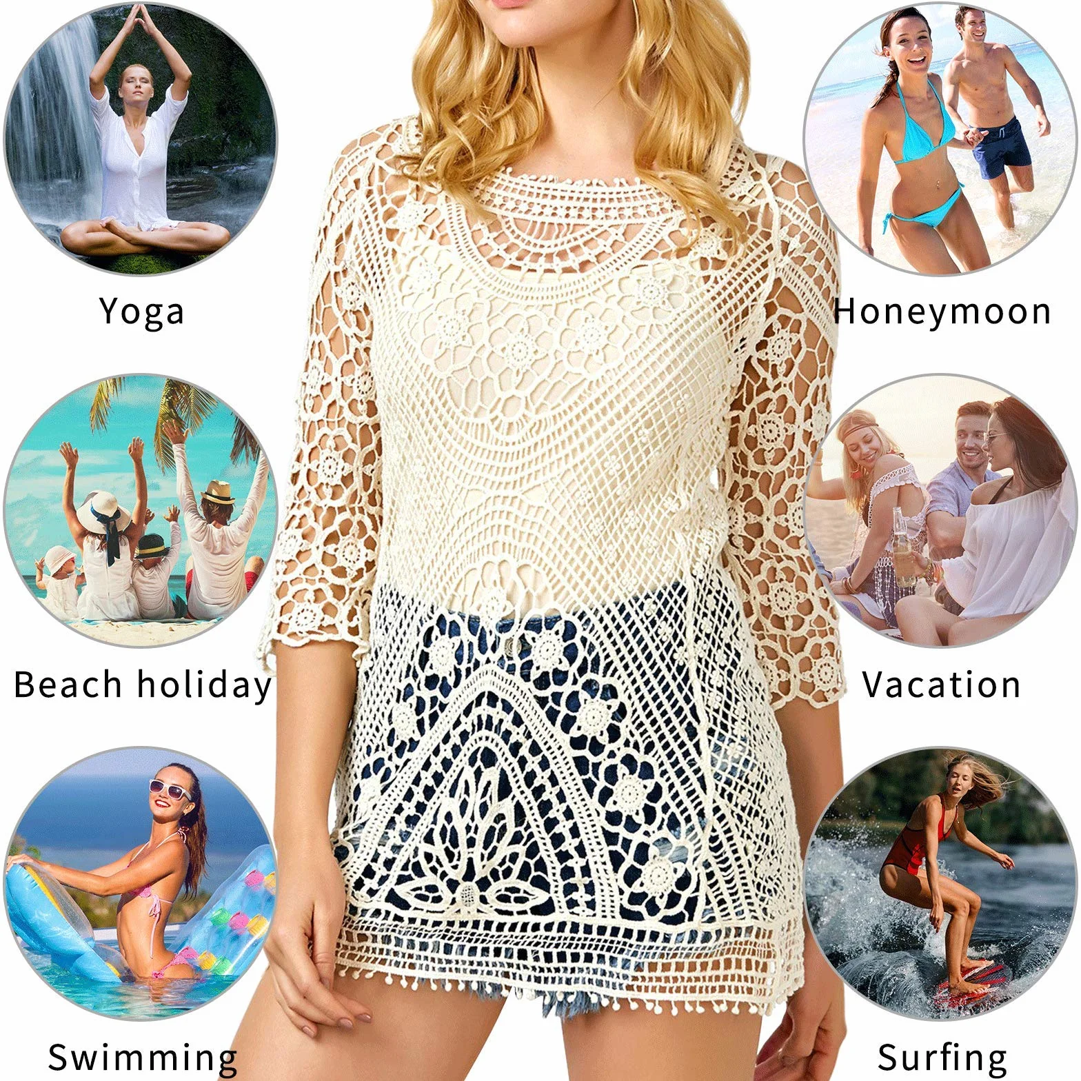 Sukienki plażowe, damskie, krótka sukienka, kostium kąpielowy, bikini, koronka, crochet cover up, Bez pleców, beżowy, M