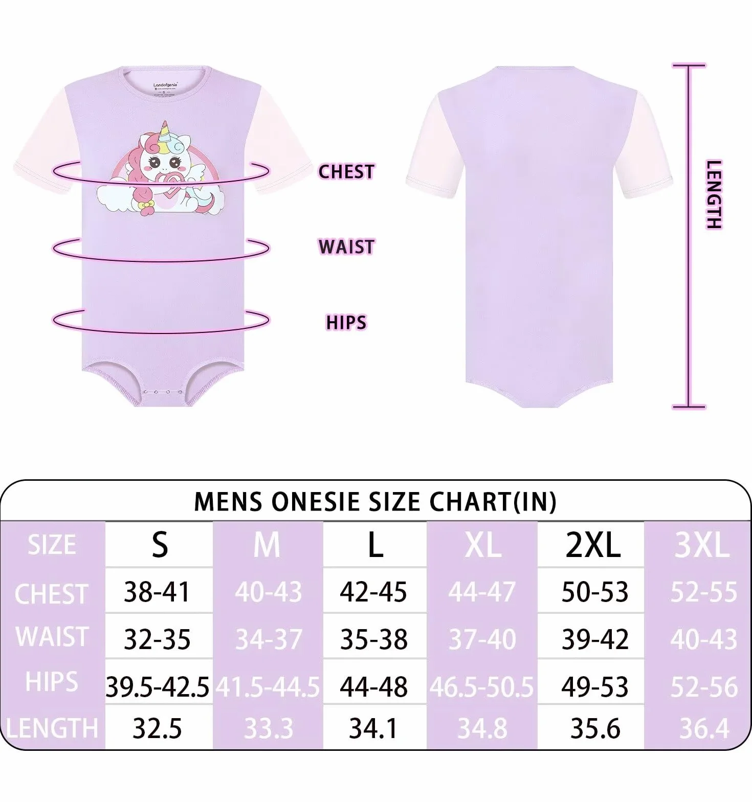 Landofgenie Onesie Piżama Męskie Bodysuit Dolne Krocze Top Koszula Raglan Rękawy Rompers dla Mężczyzn Fioletowe Piżamy z Nadrukiem Jednorożca
