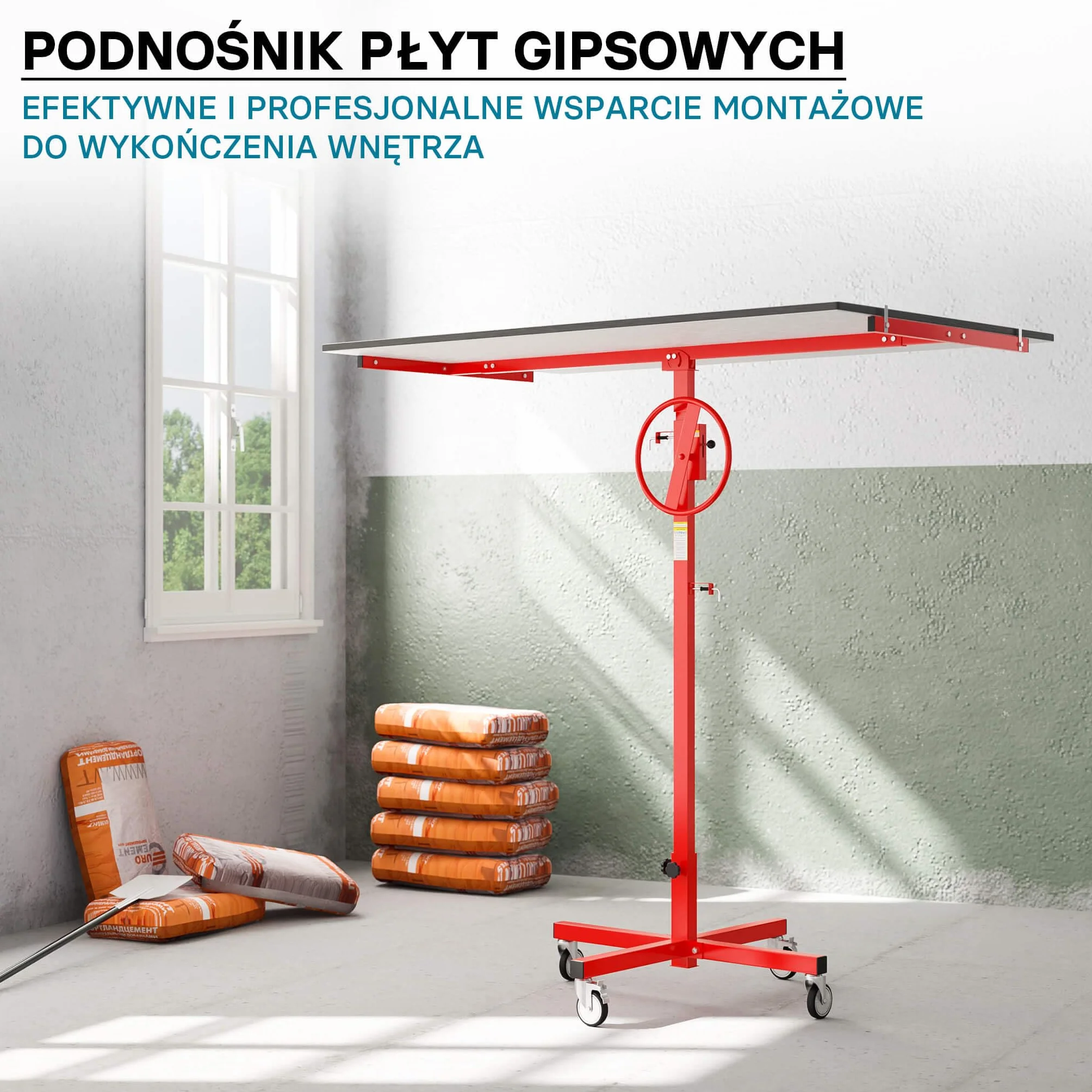 XPOtool Podnośnik panelowy do maks. 40 kg, wysokość 170-290 cm, pomoc w montażu płyt kartonowo-gipsowych, podnośnik panelowy z 4 kółkami z hamulcem postojowym