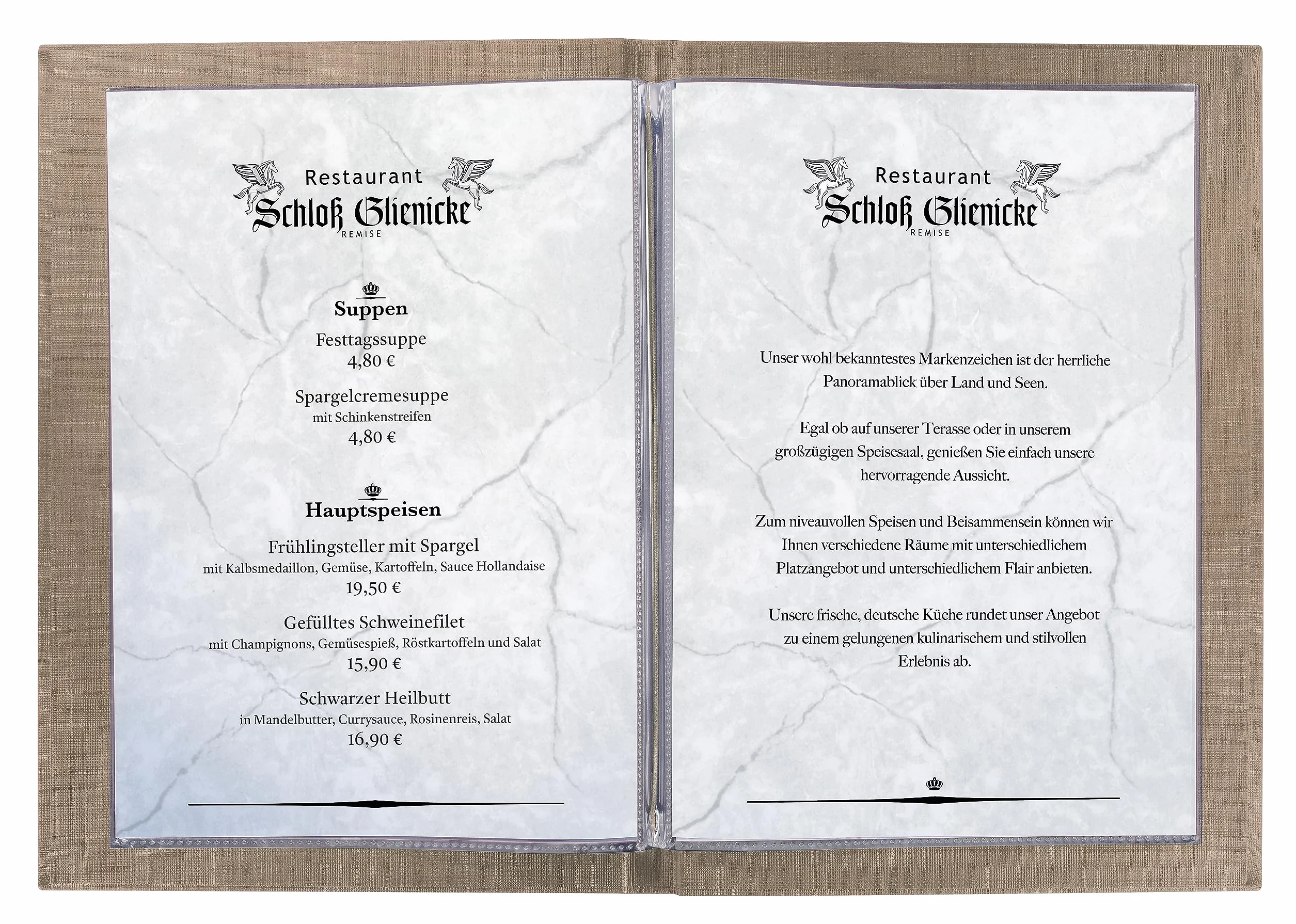 SIGEL SM210 zestaw 5 segregatorów menu z elastycznym sznurkiem, z 2 przezroczystymi kieszeniami na 8 arkuszy DIN A4, wytłaczanie menu, ciemnobeżowe