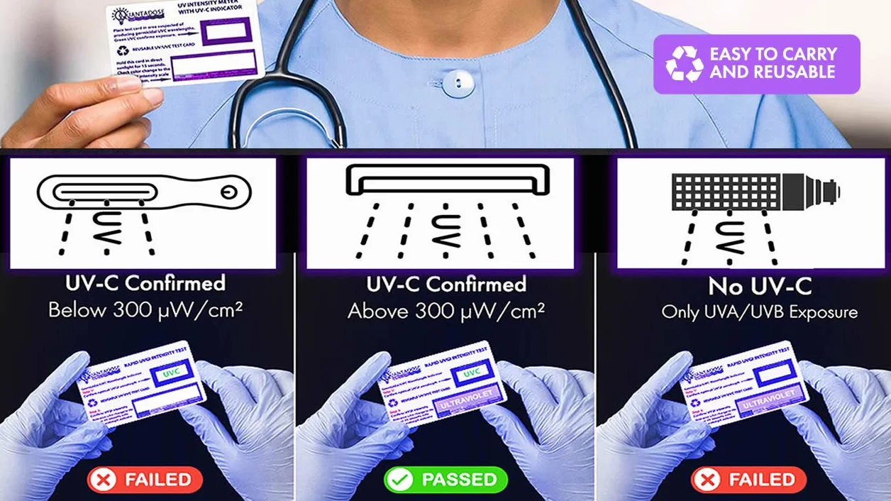 Karta testowa 2. generacji QuantaDose® wielokrotnego użytku UVC z paskiem intensywności UV wrażliwa na światło UVA/UVB/UVC
