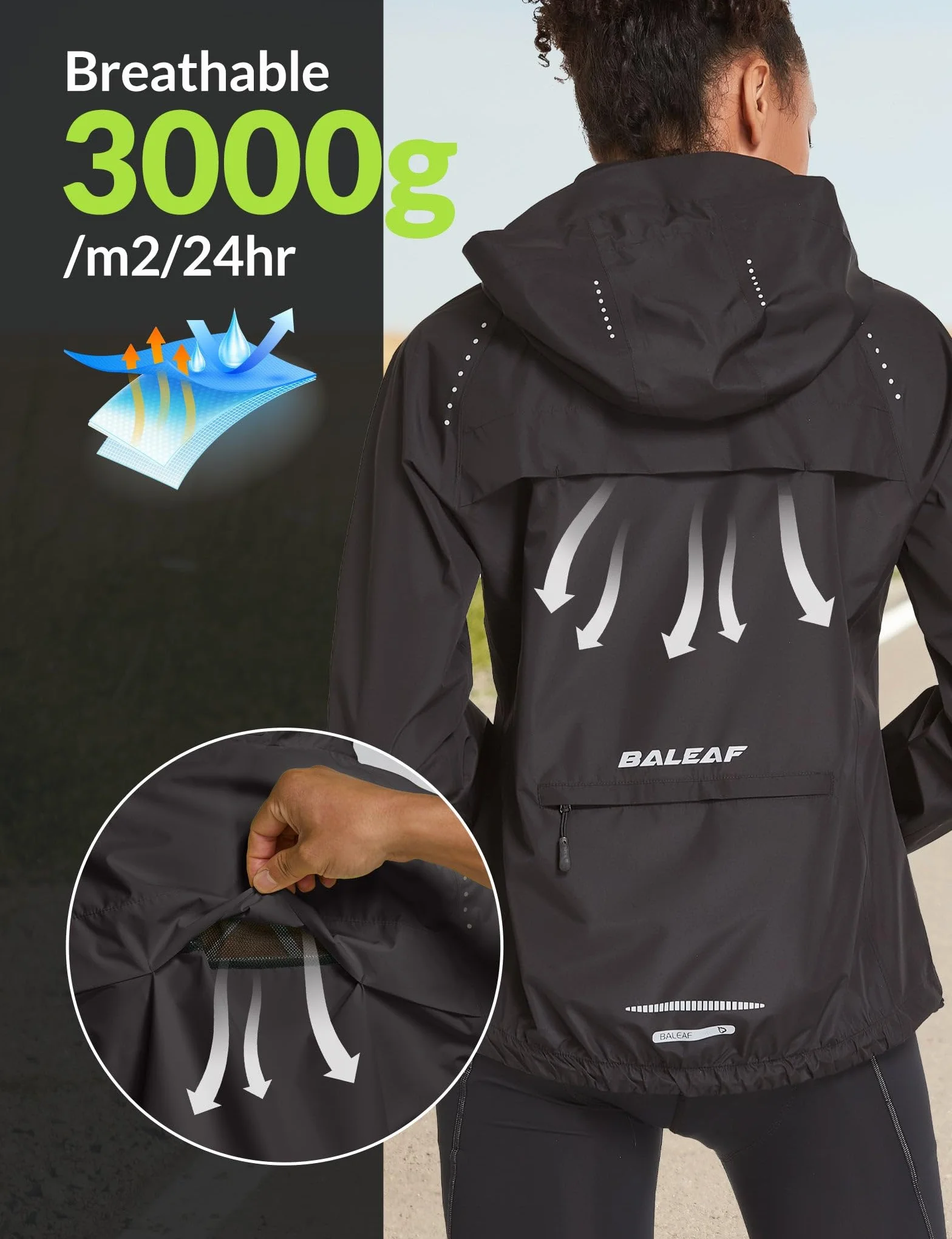 BALEAF Wodoodporne kurtki damskie kurtka rowerowa damska lekka outdoorowa płaszcze przeciwdeszczowe pakowalna bieganie wiatroszczelna chodzenie, 2-czarny, XXL