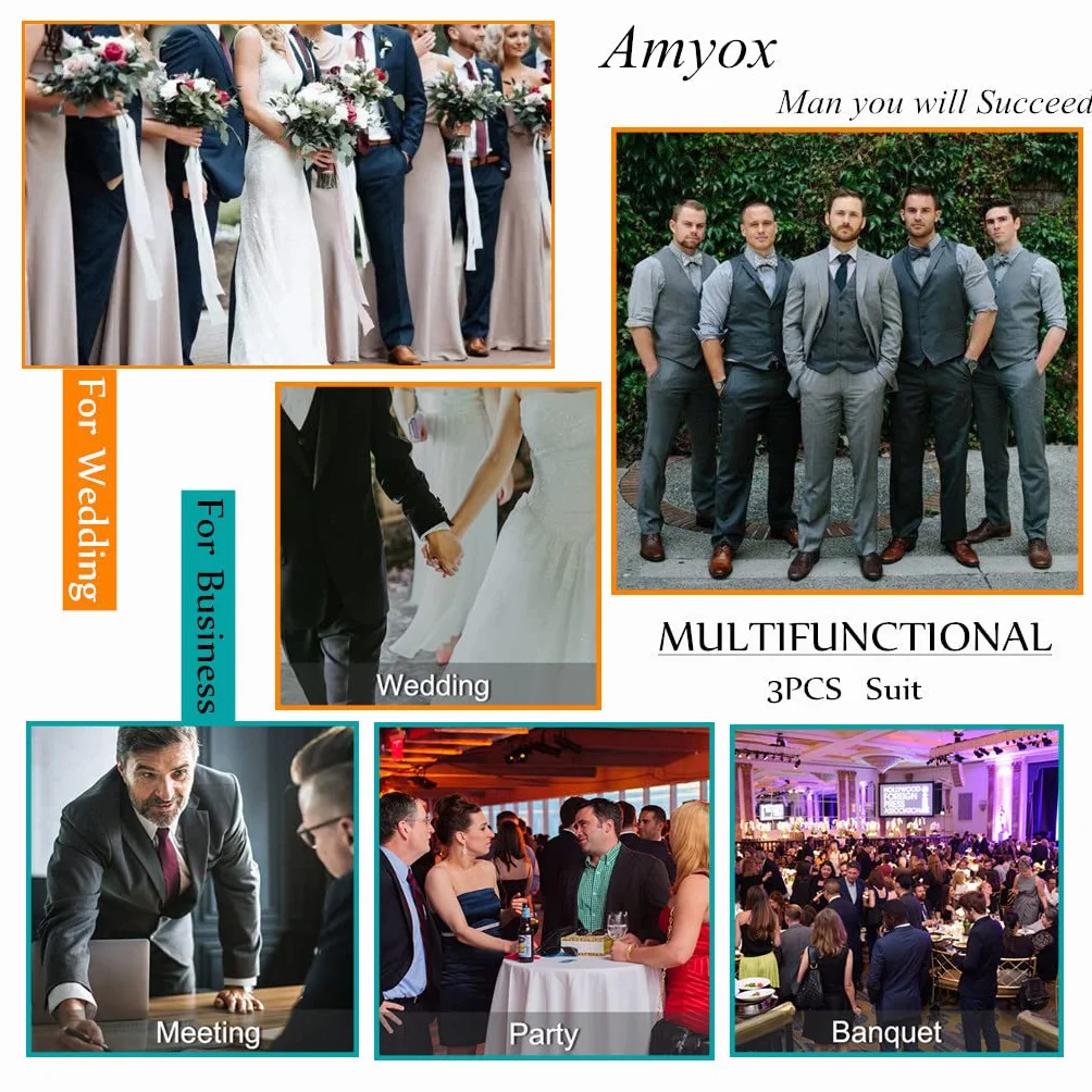 Men's Suit Slim Fit, 3 Piece Champagne Suits for Men, Solid Jacket Vest Pants with Tie, Prom Homecoming Wedding Tuxedo Set M