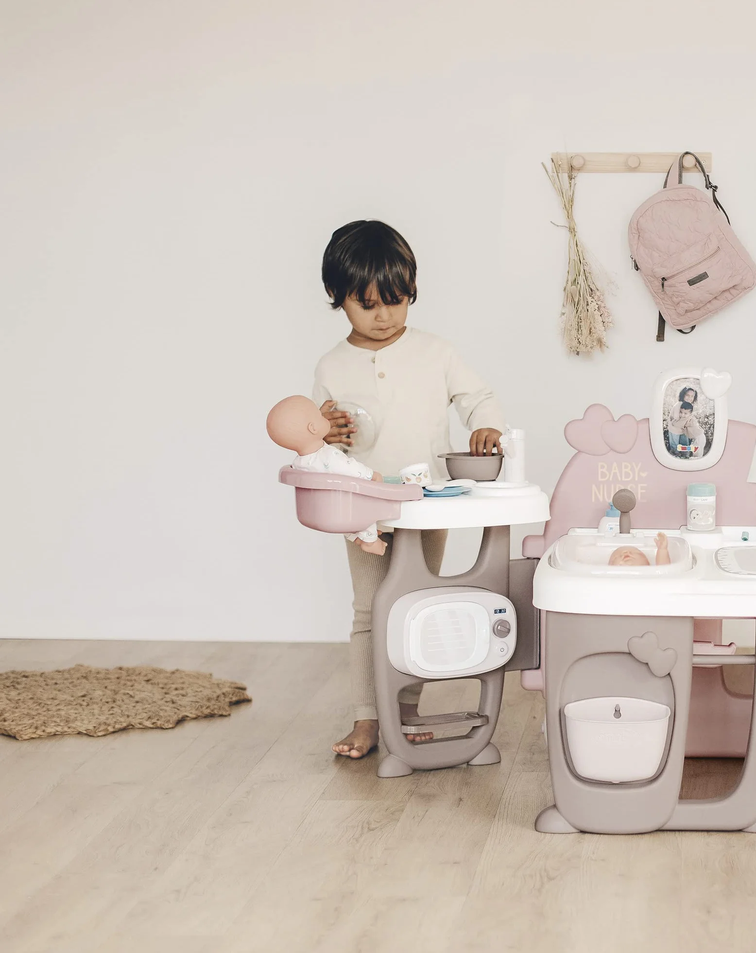 Smoby 7600220376 Baby Nurse Kącik opiekunki 3w1, wielofunkcyjny domek dla lalek, kuchnia, łazienka, sypialnia, 149,1x71x71 cm