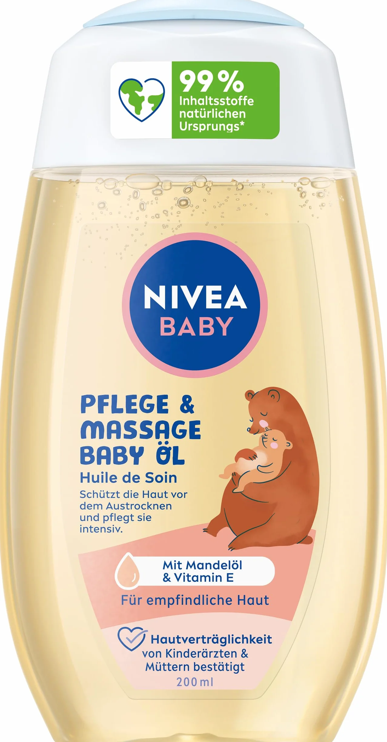 NIVEA Olejek do pielęgnacji i masażu, pielęgnujący olejek dla niemowląt do delikatnej skóry dziecka z olejkiem migdałowym i witaminą E, pielęgnacja skóry, chroni i wzmacnia wrażliwą skórę (200 ml)