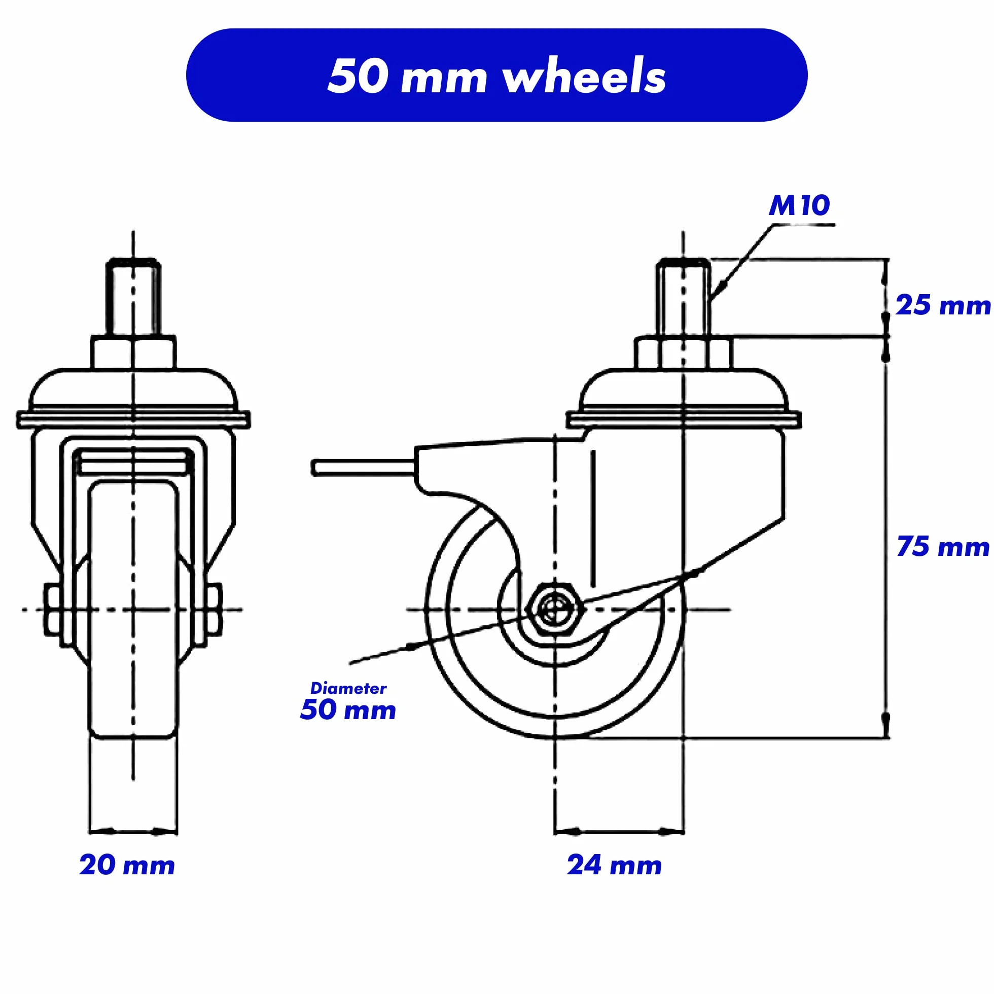 GBL kółka skrętne do dużych obciążeń z 4 hamulcami i śrubami, 50 mm, M10 x 25 mm, do 200 kg, 4 sztuki, bez śladów na podłożu, bezgłośne kółka skrętne, do mebli, gumowane kółka do wózków, srebrne kółka