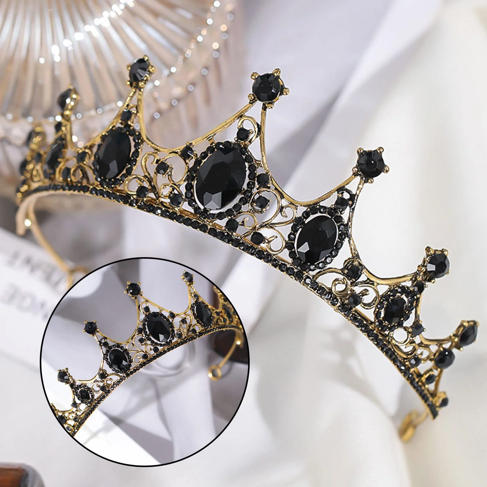 Czarna barokowa korona, diadem z kryształową koroną, styl gotycki, diadem ślubny, diadem ślubny, opaska na głowę, kryształ górski, korona diadem dla panny młodej, bankiet i przyjęcie urodzinowe