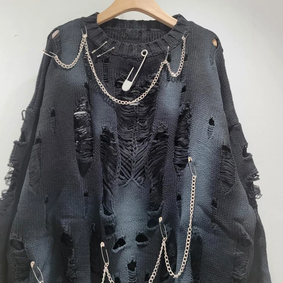 Damski gotycki sweter oversize z długim rękawem, wycięciami, okrągłym dekoltem, podarty sweter, bluza dziergana