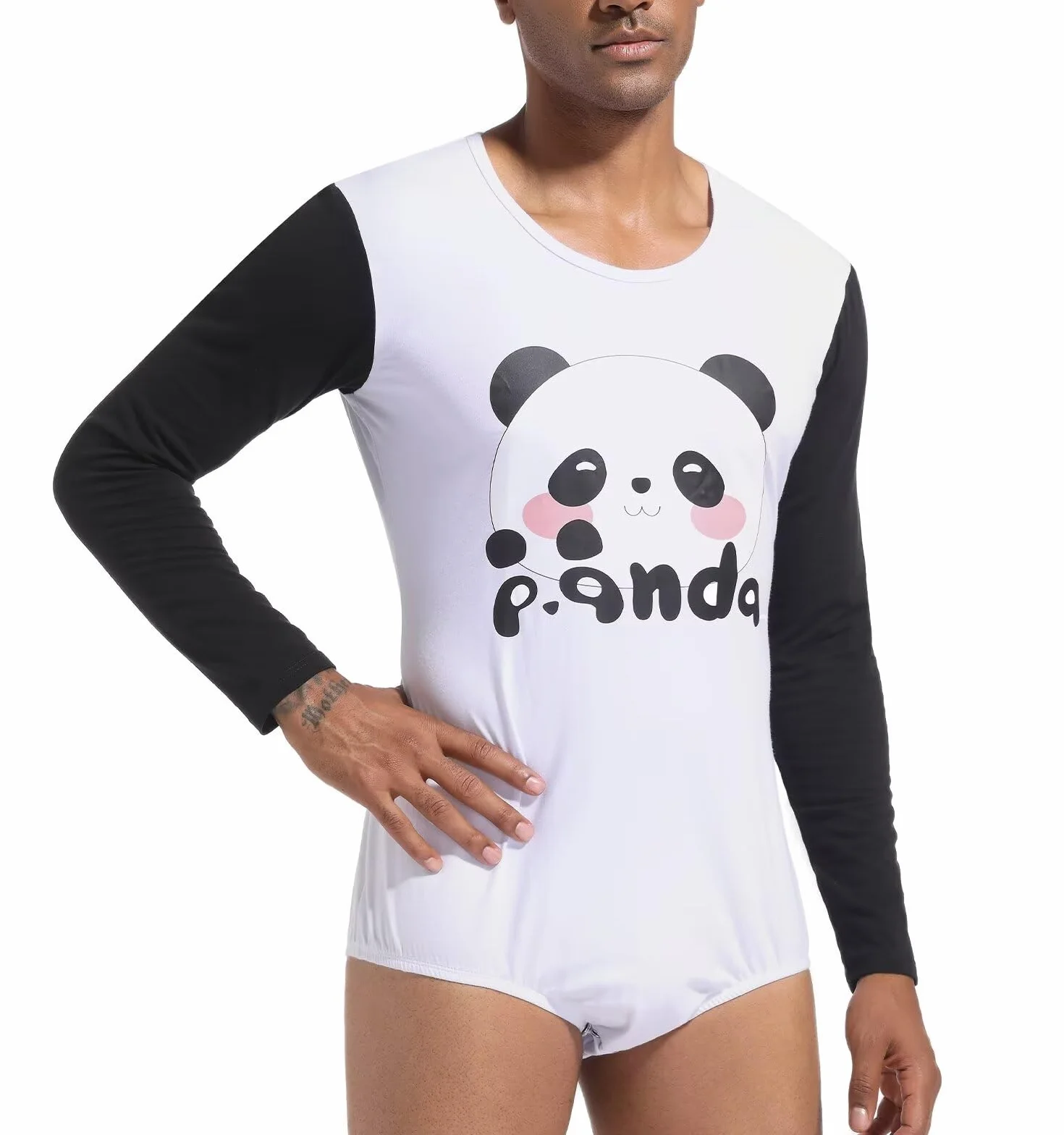 Landofgenie Męska Piżama Romper z Długim Rękawem Onesie Body Jednoczęściowy Kombinezon z Nadrukiem Pandy