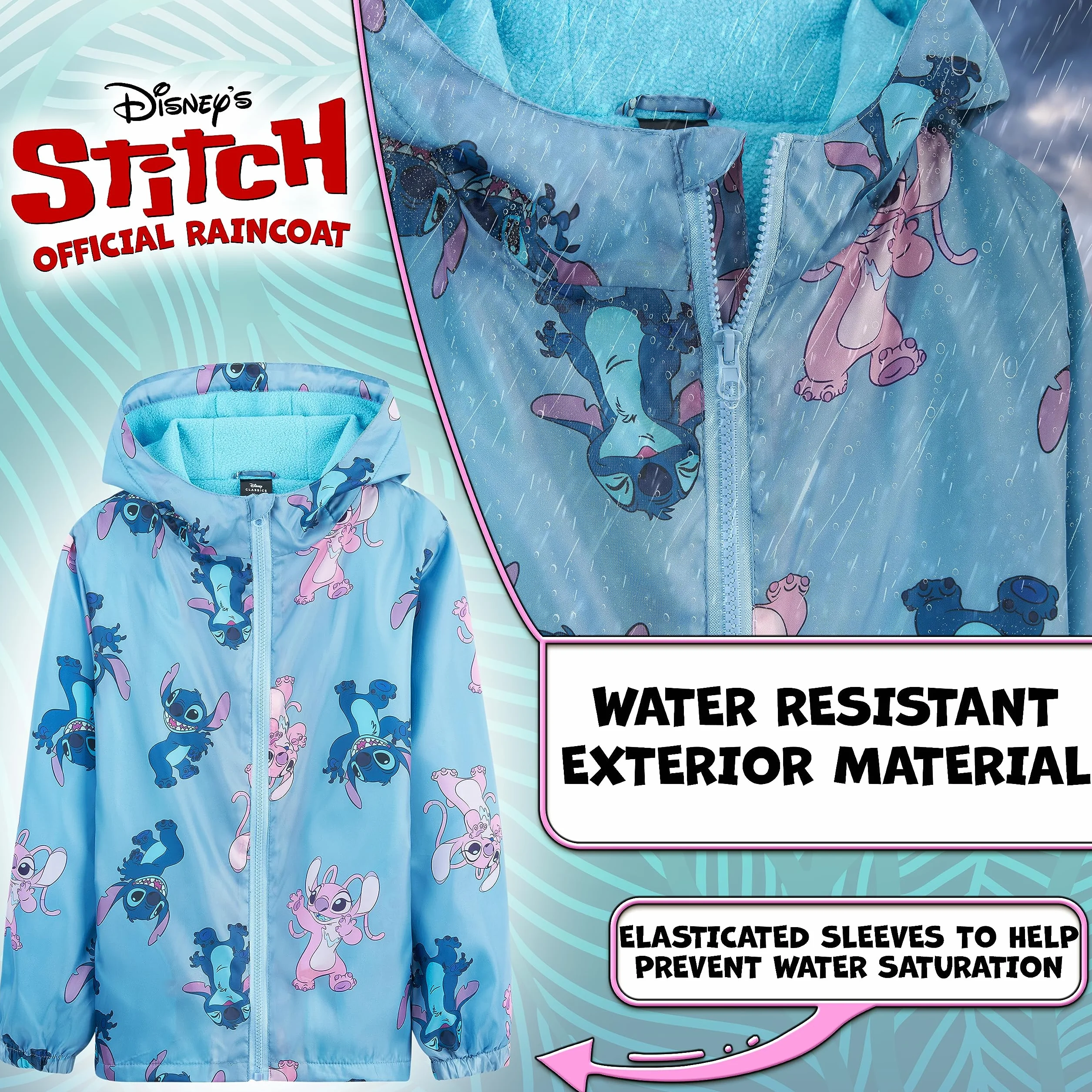 Disney Stitch kurtka przeciwdeszczowa dla dziewczynek, odzież przeciwdeszczowa dla dzieci z podszewką z polaru, odzież dziecięca dla nastolatków, 4-14 lat