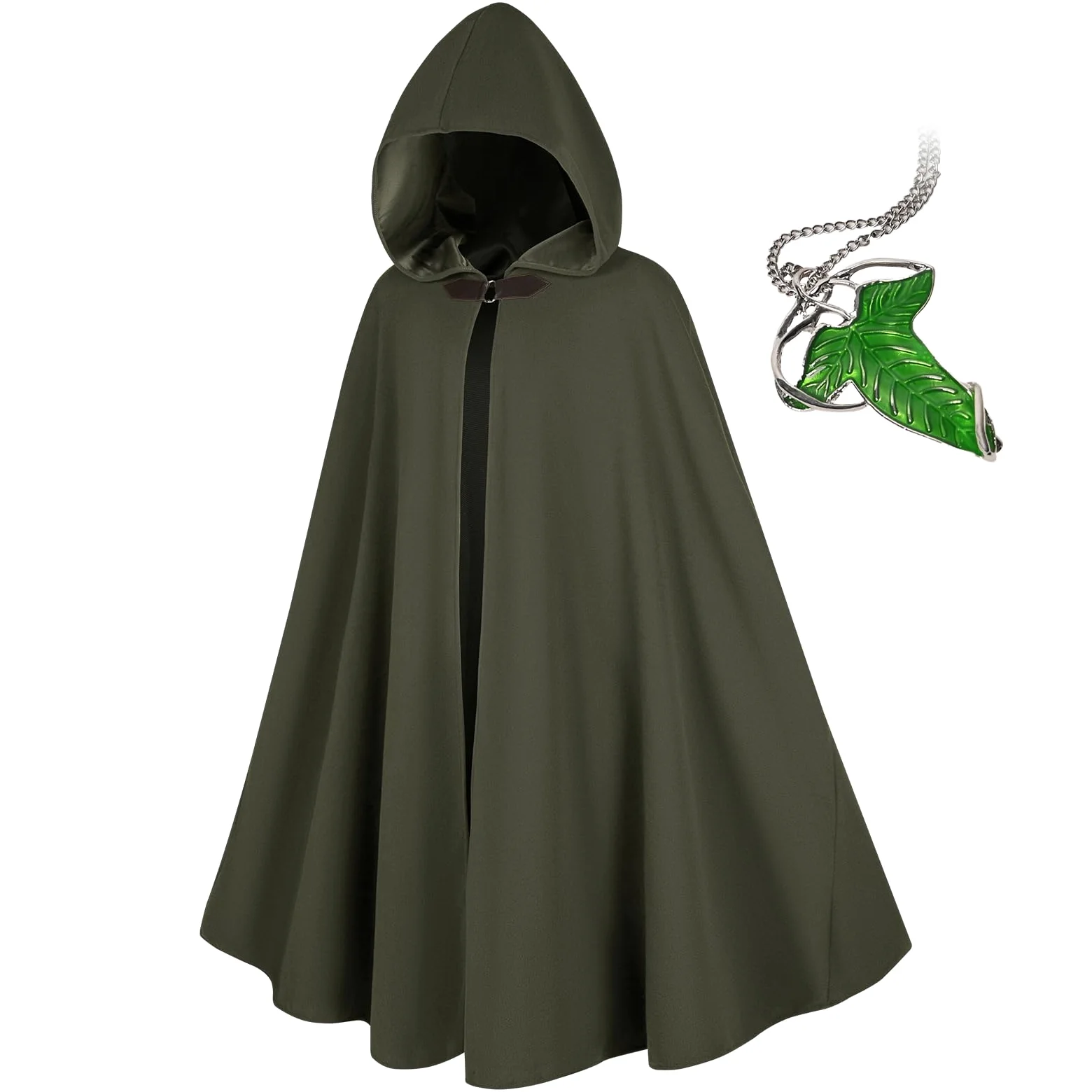 Renaissance peleryna z kapturem z zielonymi liśćmi, broszka, średniowieczna odzież, unisex, Halloween, średniowieczny płaszcz z kapturem