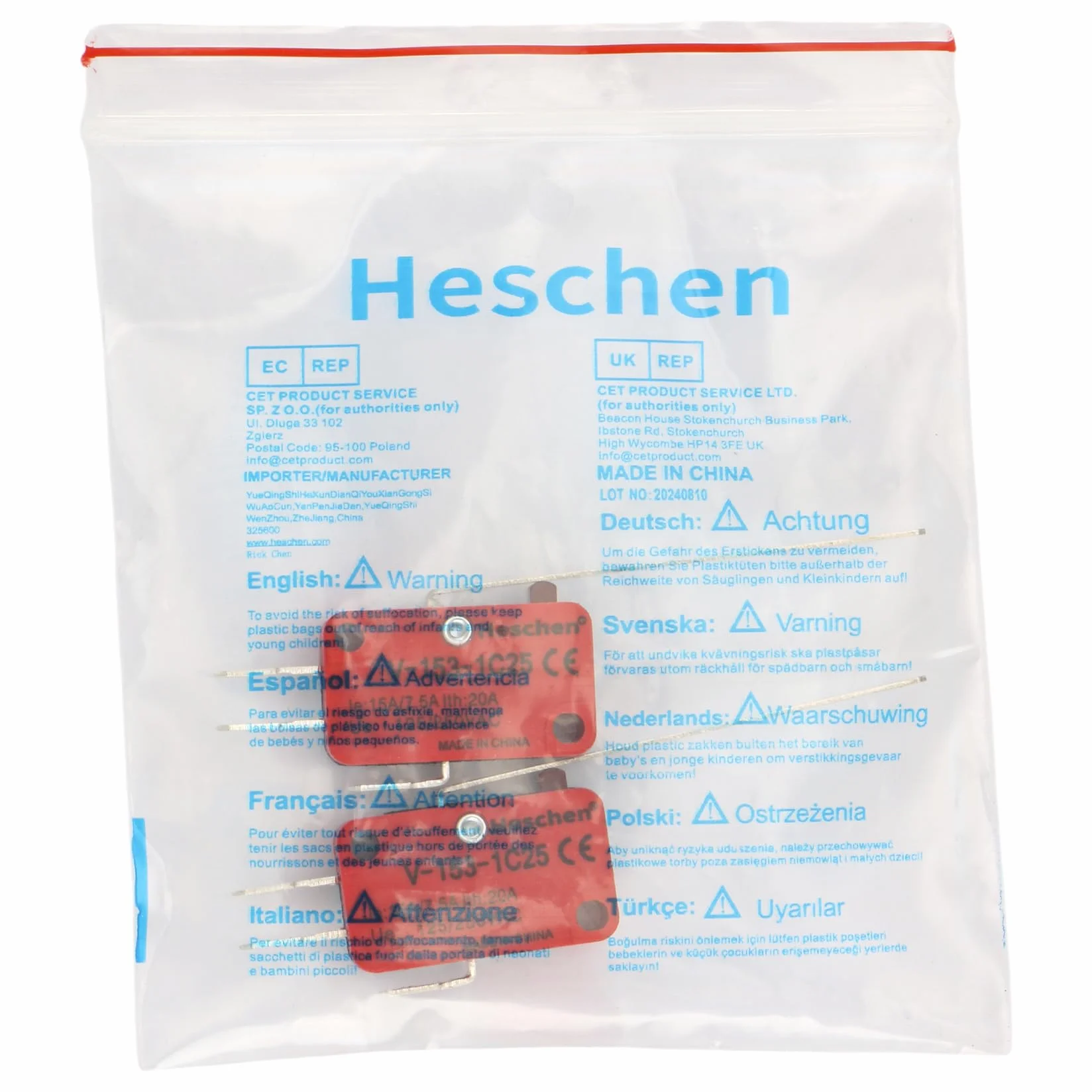 Heschen Micro Switch V-153-1C25 SPDT długa dźwignia zawiasowa 20 A 250 V AC 2 sztuki