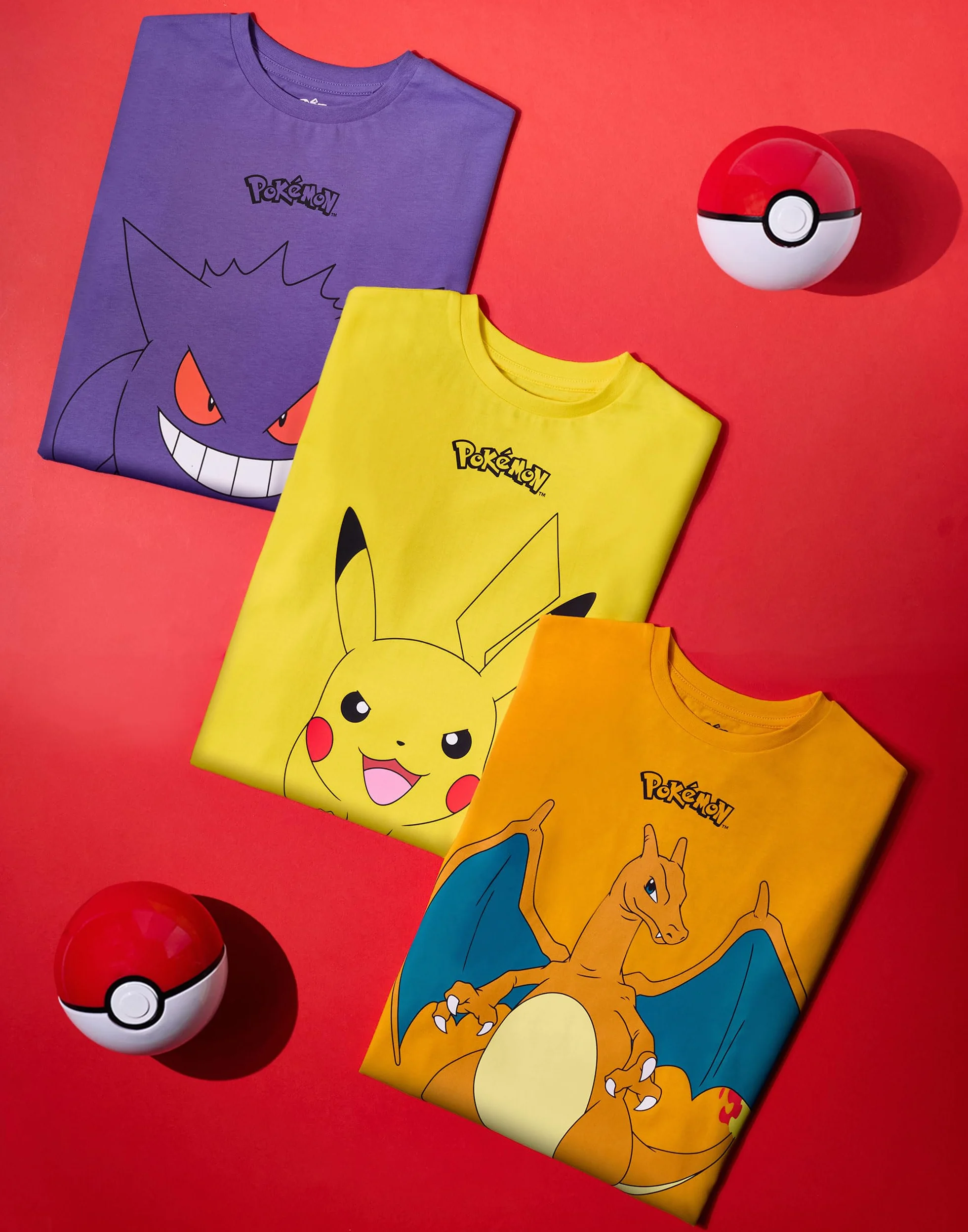 Pokemon chłopięcy t-shirt 3-pak, żółty, pomarańczowy i fioletowy, z krótkim rękawem, grafika, Pikachu Glurak Gengar, zestaw odzieży dla graczy, do gier z serialem telewizyjnym, produkt na prezent