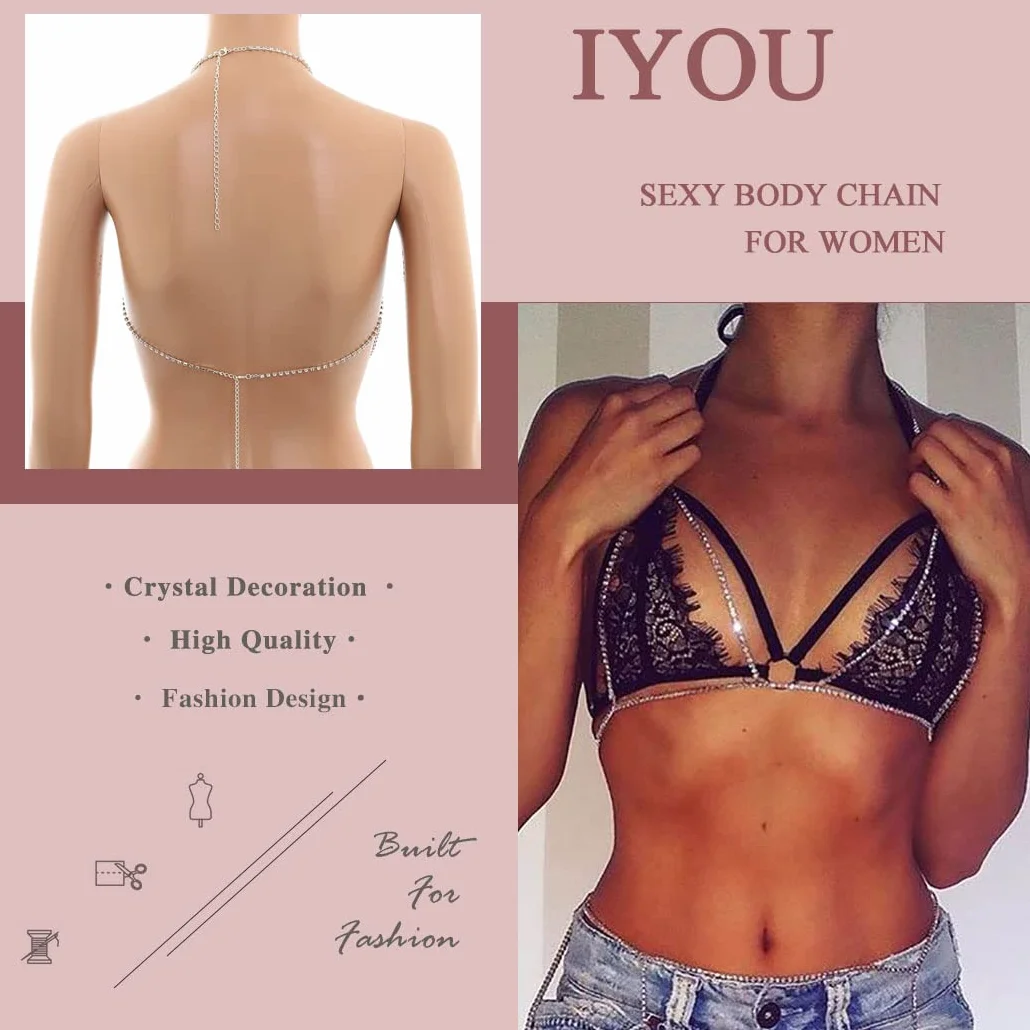 IYOU Błyszczący kryształowy łańcuszek na ciało, srebrny, kryształ górski, błyszczący biustonosz, łańcuszek, sexy bikini, klub nocny, łańcuszek na ciało, akcesoria dla kobiet i dziewcząt