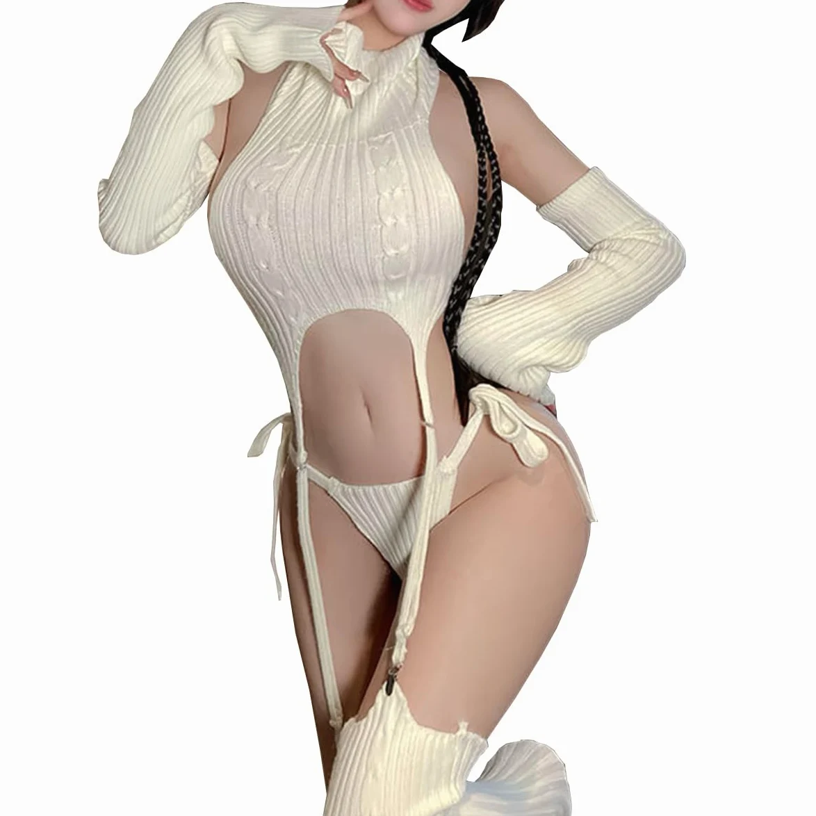 Panna zabójca sweter, japoński, seksowny, cosplay, zestaw podwiązek, bielizna, pończochy, crop top, majtki, body dla kobiet