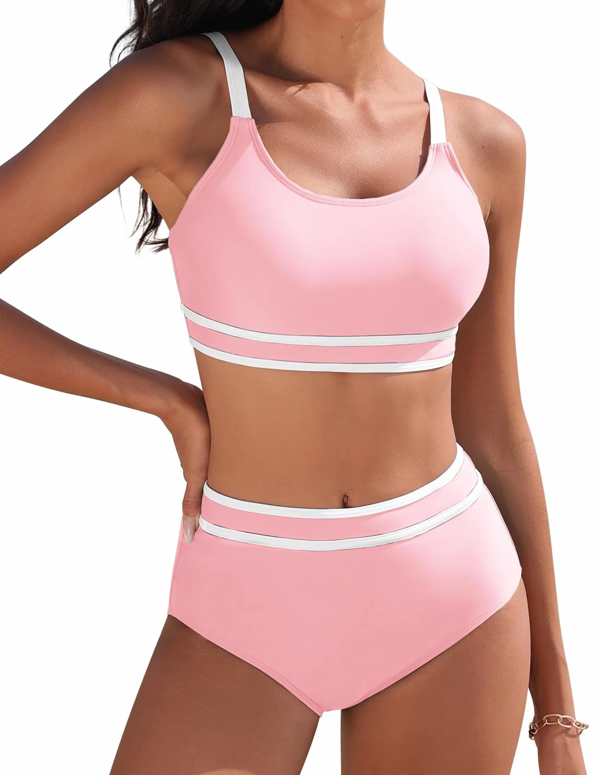 Yuson Girl Damski zestaw bikini z wysokim stanem dwuczęściowy push up moda kąpielowa kontrola brzucha blokowanie kolorów sportowe bikini dla kobiet