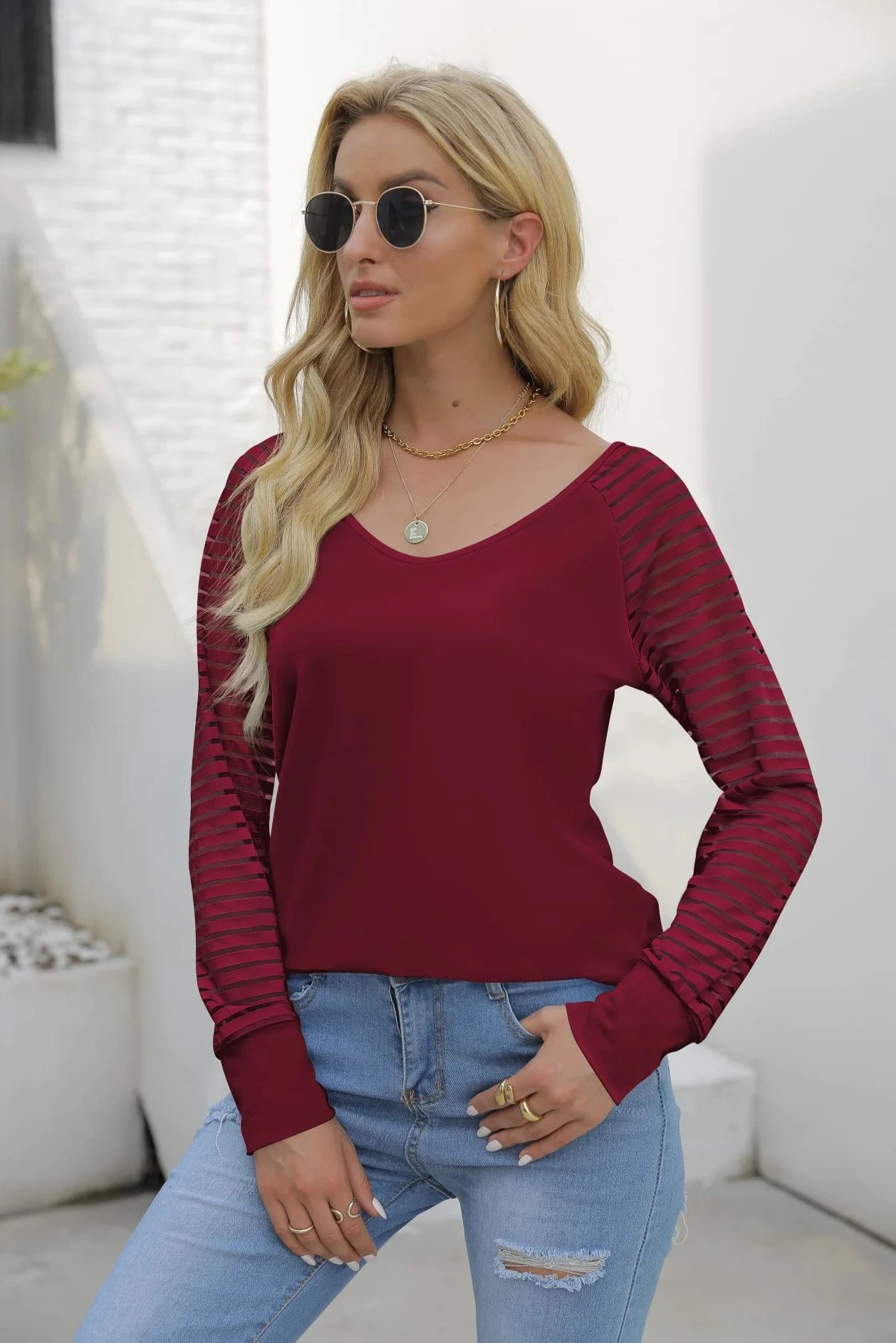 Damska bluzka w paski, z długim rękawem, dekolt w serek, luźna bluzka, elegancka koszulka, tunika, top
