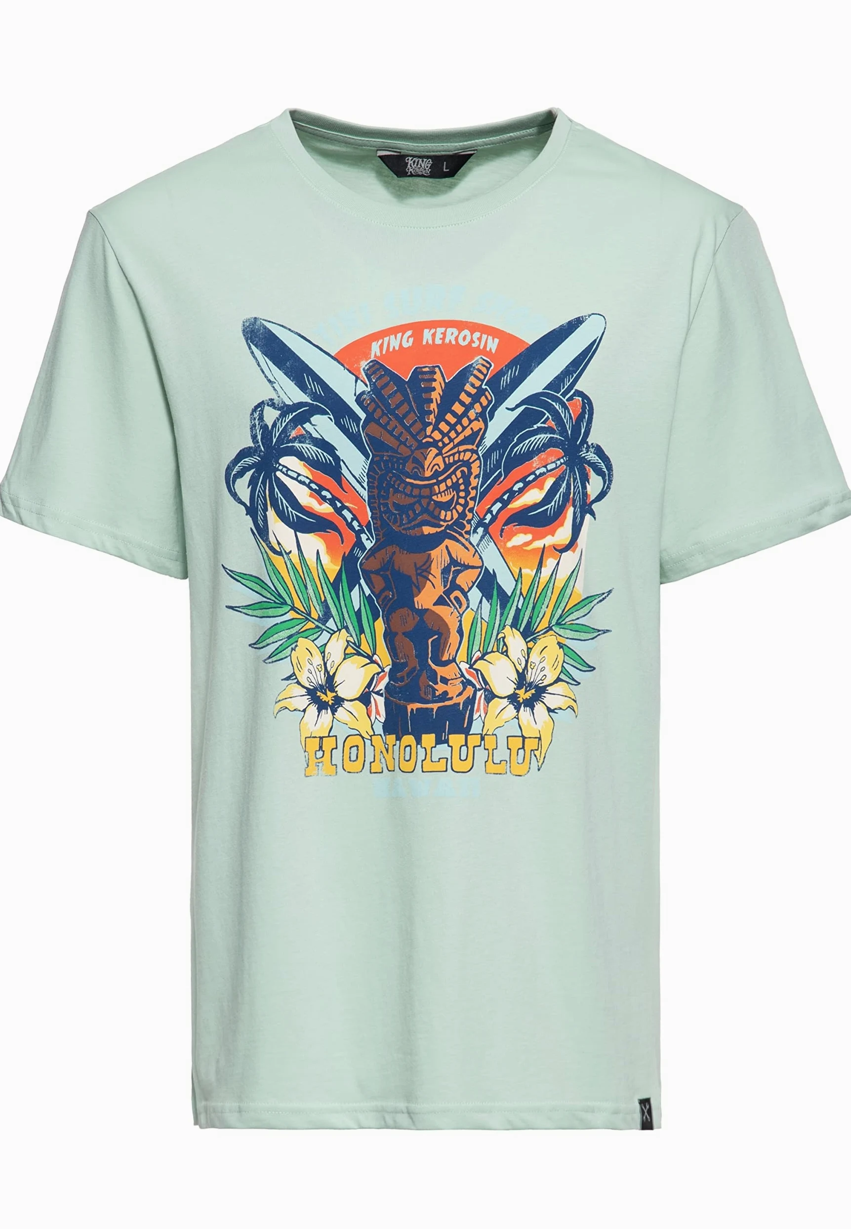 King Kerosin Męski klasyczny T-shirt | koszulka z krótkim rękawem | koszulka basic | regular fit | nadruk z przodu | retro | vintage | rockabilly | czysta bawełna | hawaje | Tikki | Surf Tiki Surf Shop