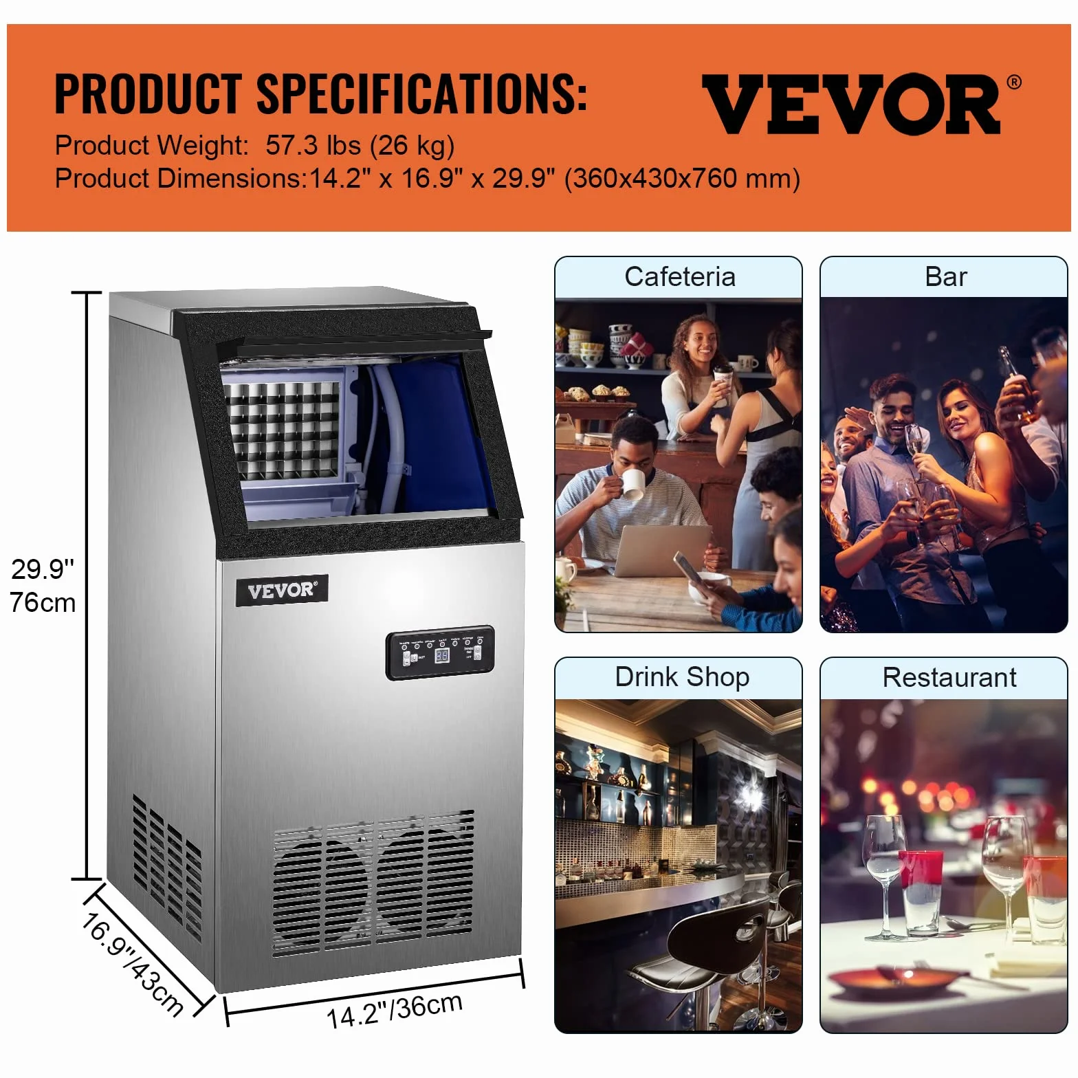 VEVOR Commercial Food Grade Ice Cube Machine 68 kg/24h, wielofunkcyjna kostkarka do lodu wykonana ze stali nierdzewnej 280 W Inteligentny panel sterowania LCD, do kawiarni, barów itp.