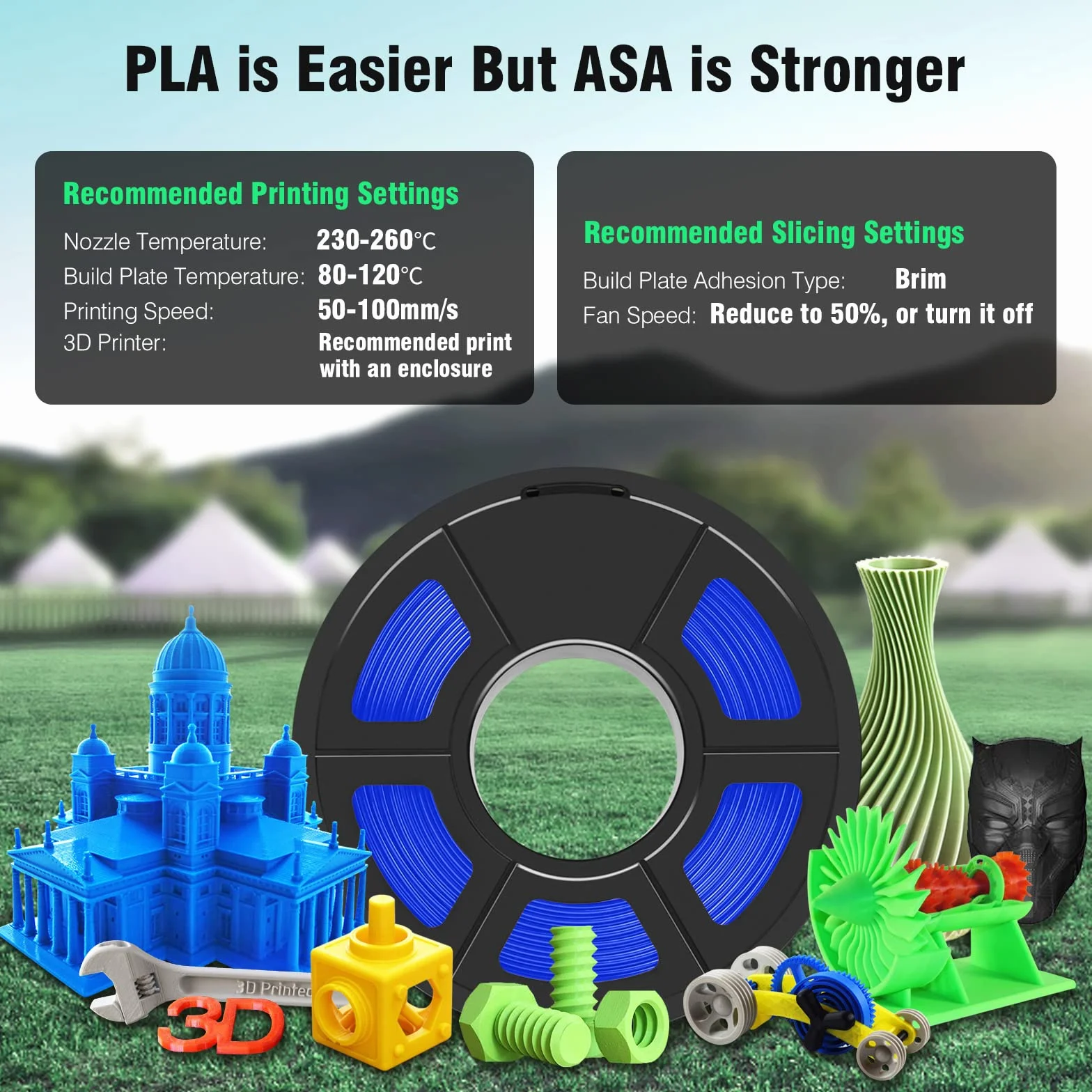 SUNLU ASA Filament 1,75 mm, Odporny na Promieniowanie UV/Deszcz/Ciepło Filament do Drukarek 3D, Wytrzymały Filament 3D, Szpula 1KG ASA Niebieski