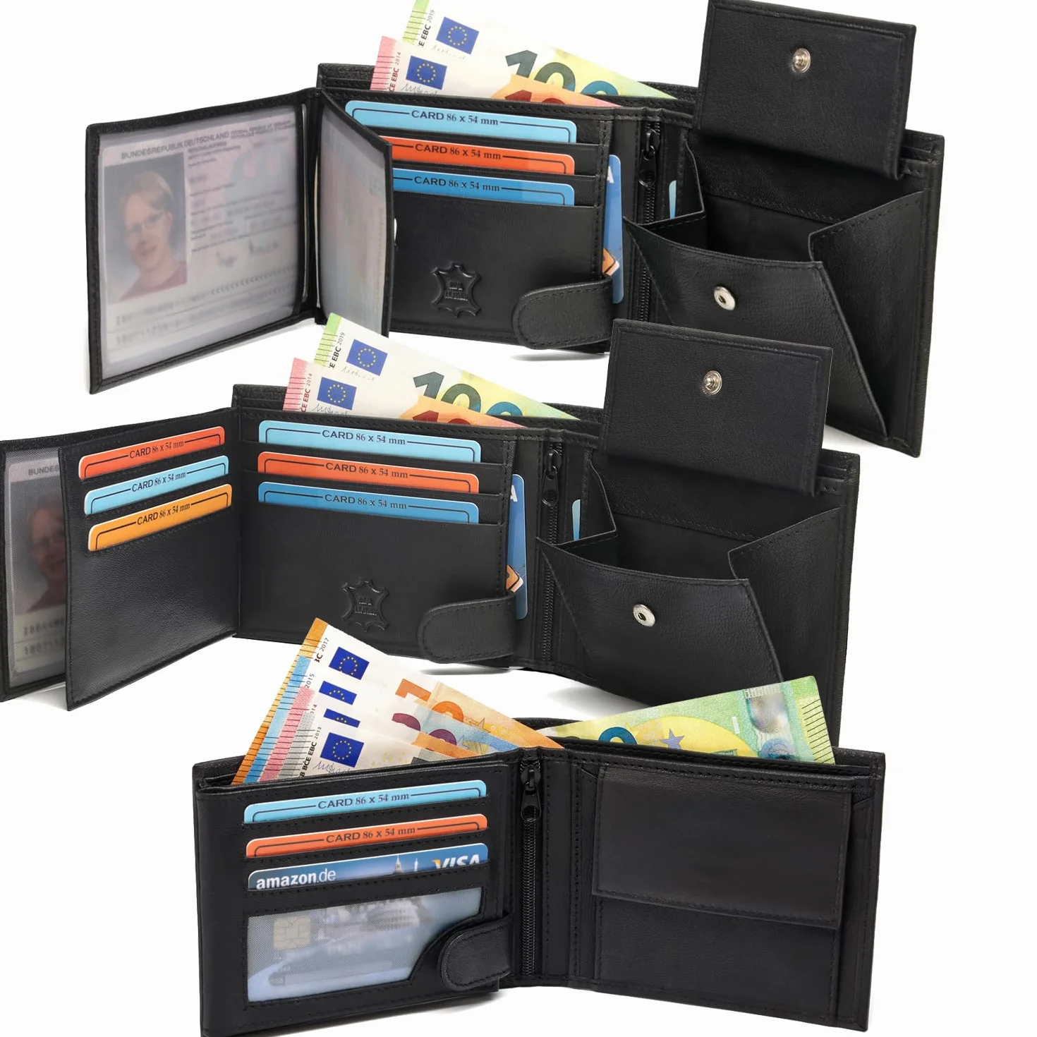 Fa.Volmer ® Skórzany portfel męski z ochroną RFID, bardzo stabilny, podwójny szew, 9 przegródek na karty kredytowe, format poziomy, VO11 RFID, różne kolory, M, Klasyczny