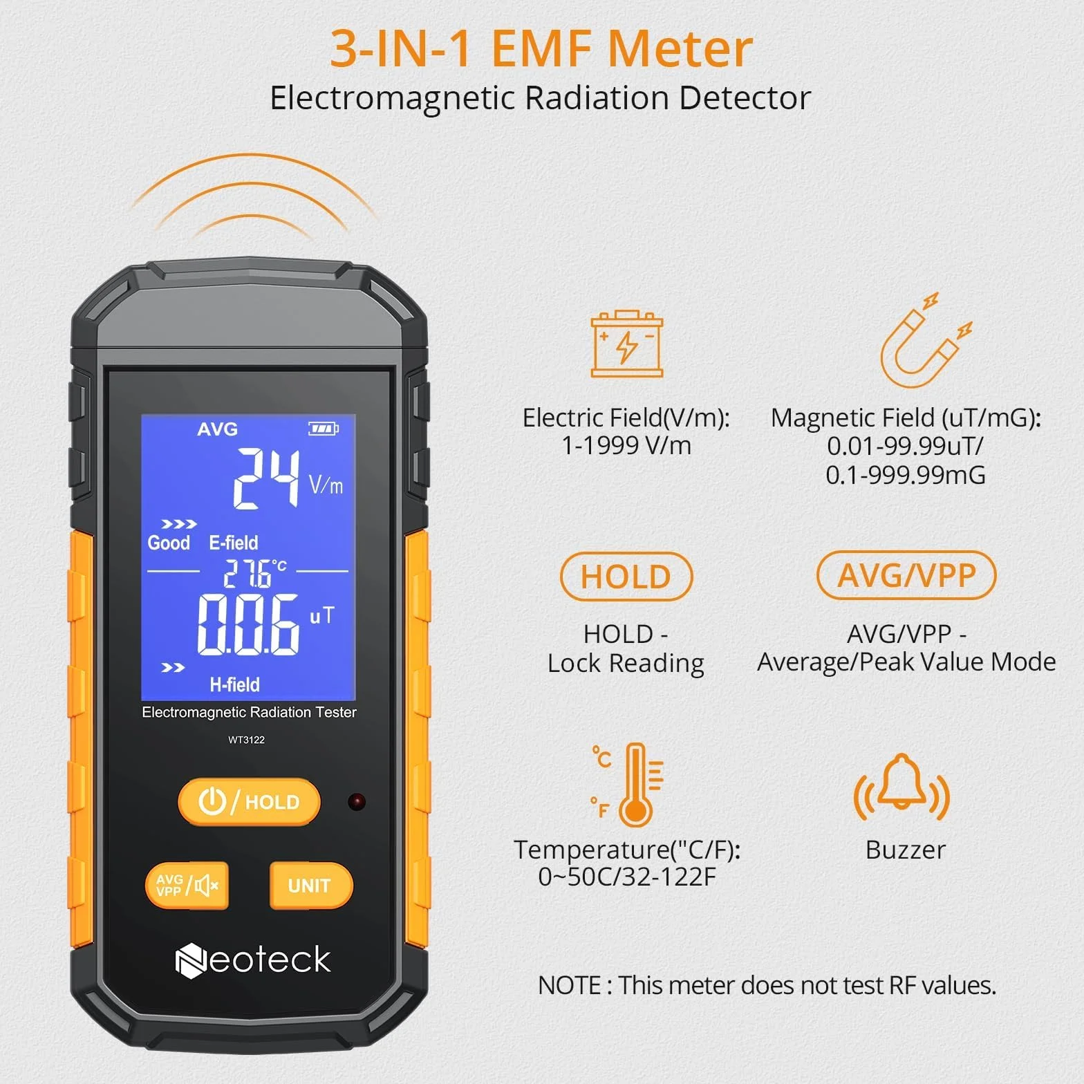 Neoteck Miernik EMF 3 w 1 Akumulator elektromagnetyczny detektor promieniowania z ekranem LCD Licznik promieniowania alarmu akustycznego pola elektrycznego do kuchni, biura, fabryki