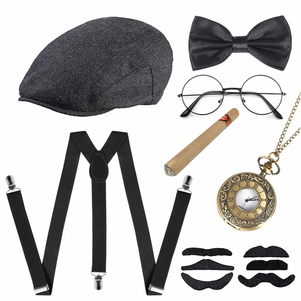 Kostium męski w stylu lat 20. XX wieku, kostium mafii, kostium Peaky Blinders, kostium na imprezę, męski z gangsterem, kapelusz panamski, zegarek kieszonkowy, szelki, muszka, broda, okulary, na