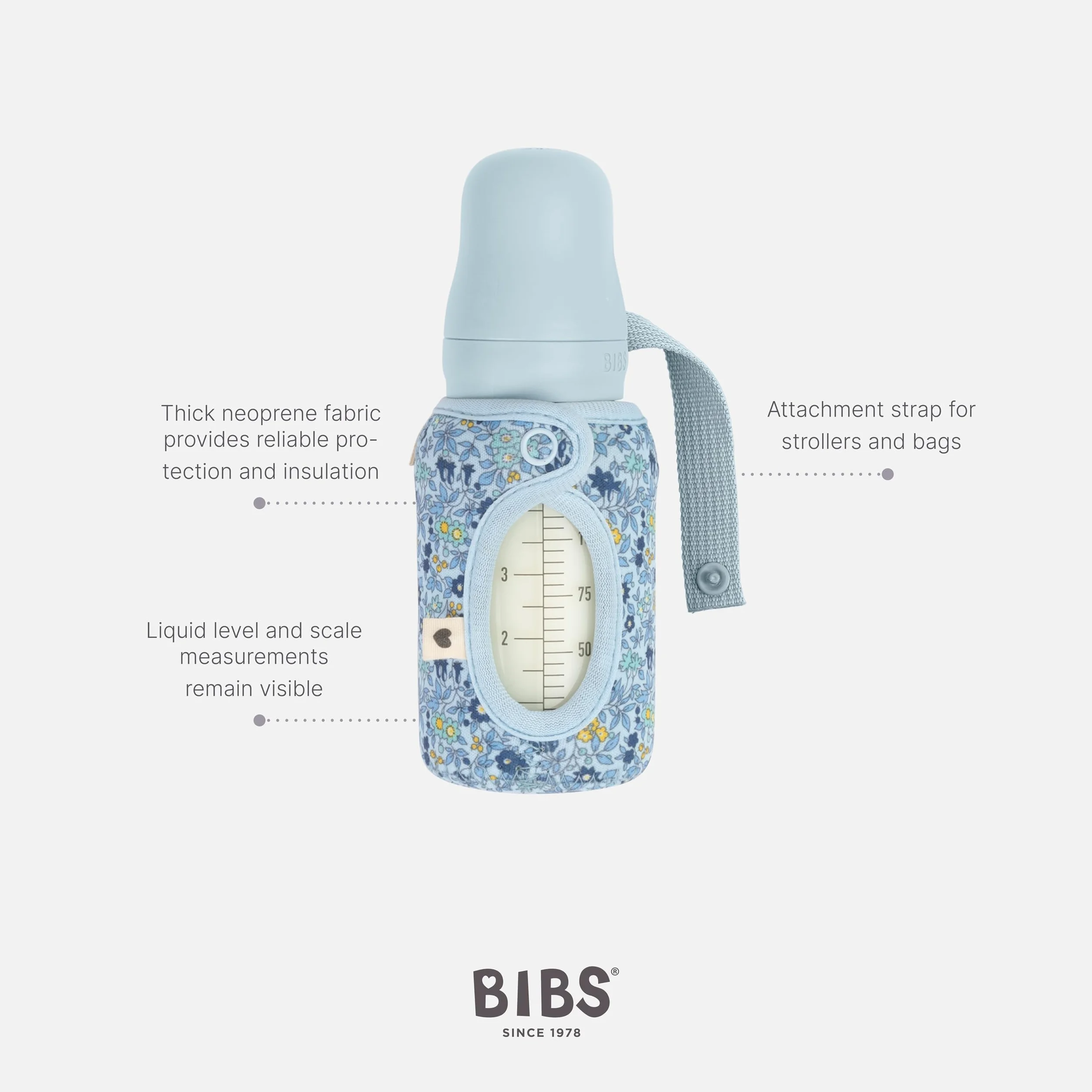 BIBS x LIBERTY Pokrowiec na butelkę dla niemowląt 110ml - Neoprenowa osłona ochronna na butelki BIBS - Wzór Liberty, Small, Charmomile Lawn Baby Blue