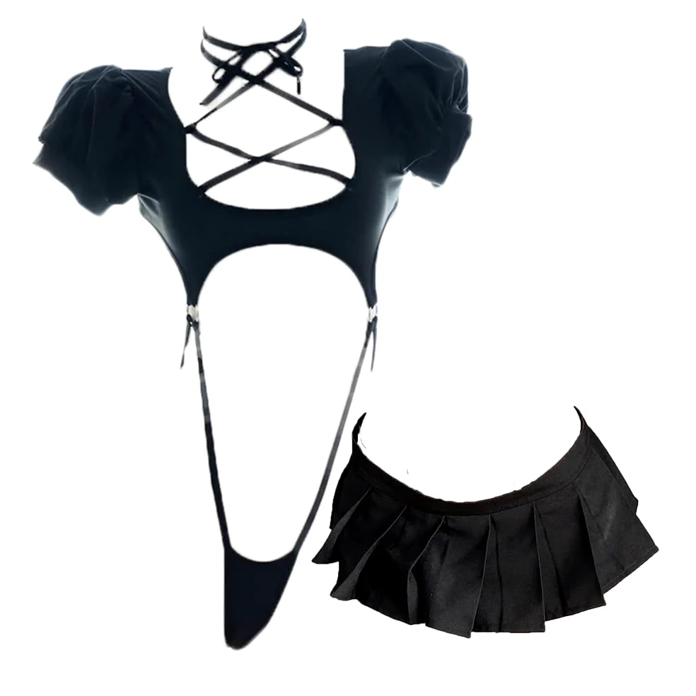JasmyGirls Bielizna cosplay kostium anime seksowne wycięcie body urocza mini spódniczka kawaii top bielizna japoński strój kąpielowy czarny