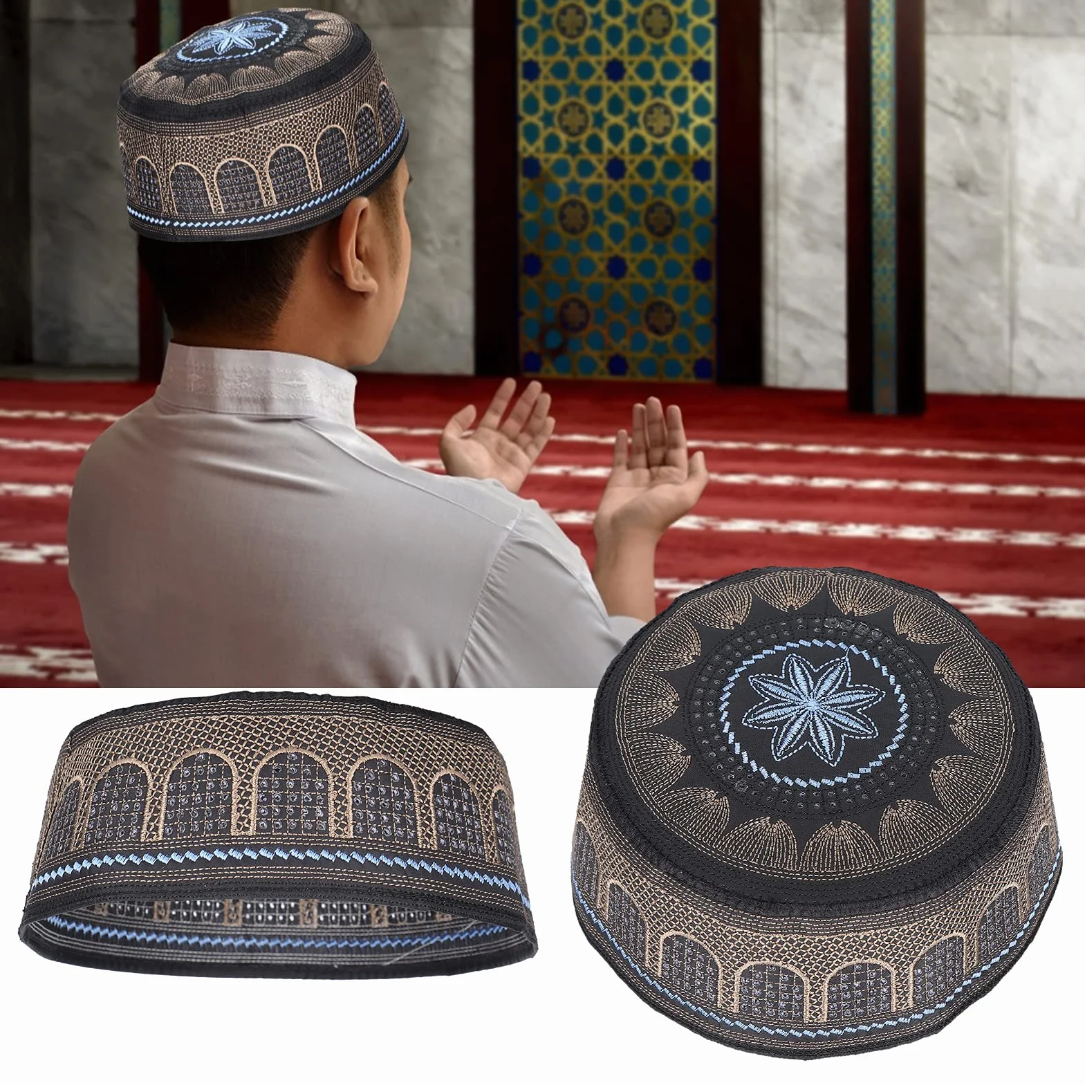 Męski kapelusz muzułmański haft trupia czaszka czapka kapelusz arabski oman tureckie nakrycie głowy Beanie Ramadan Eid prezent, czarny