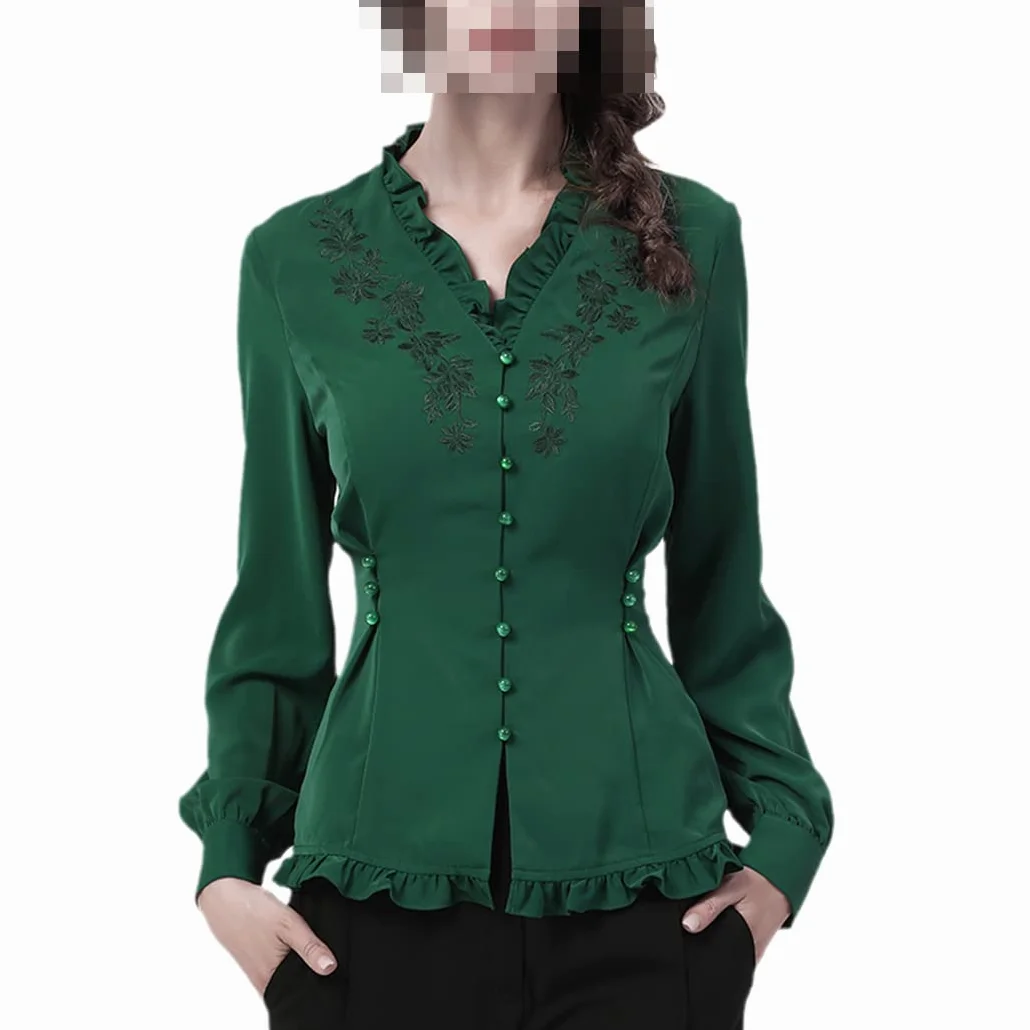 Disimlarl Vintage haft damska koszula marszczona dekolt w serek satynowy top elegancka wąska tunika bluzki, Ciemny Gn, L