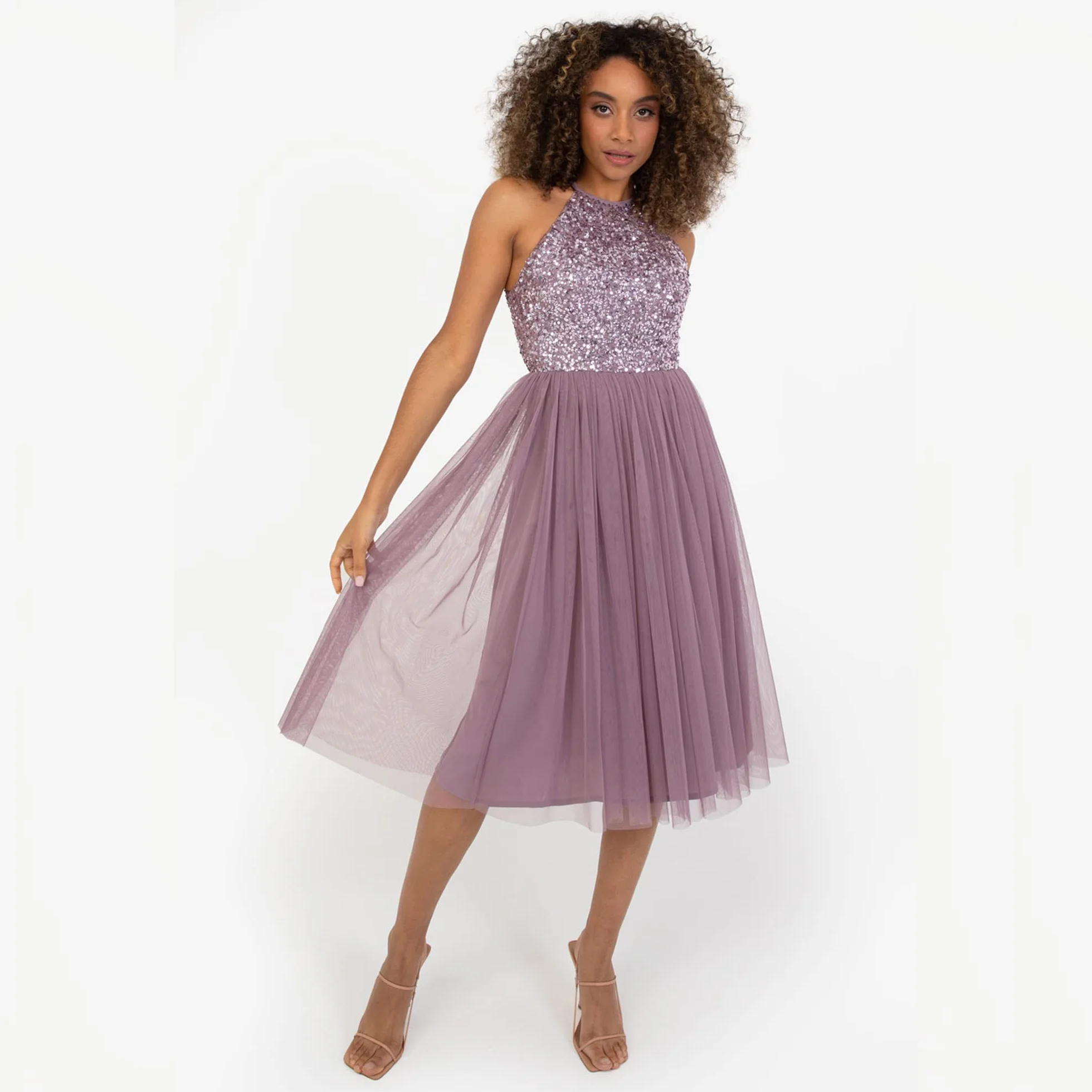 Maya Deluxe Damska sukienka midi tiulowa wiązaniem na szyi Moody Lilac 40