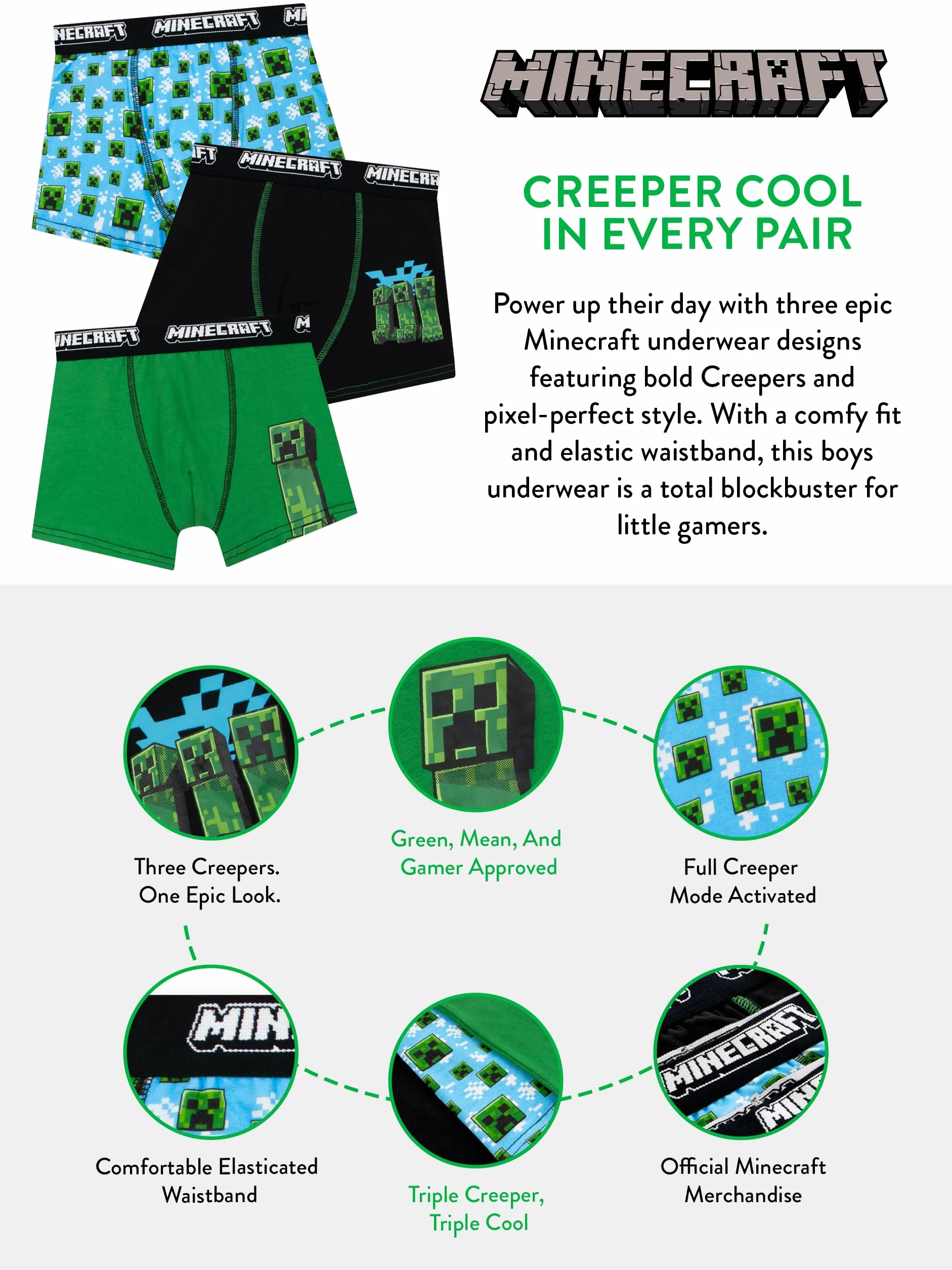 Bokserki Minecraft Dla Chłopców 3-Pack Creeper Bielizna Gamingowa Dzieci Spodnie Gamer