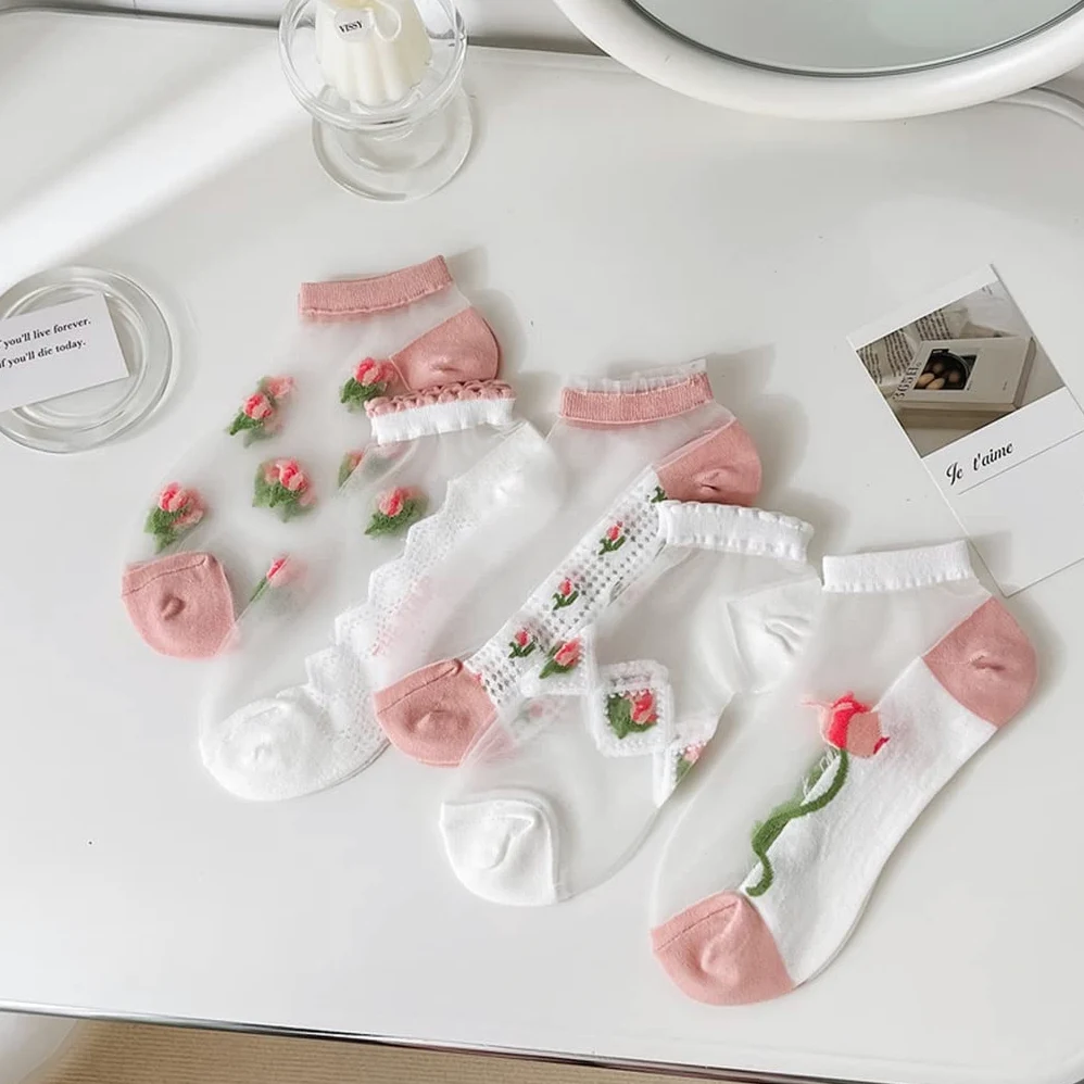 Home Collections 3 pary damskie krótkie skarpetki letnie kryształowe jedwabne skarpetki damskie elastyczne Harajuku kwiatowe niskie skarpety do kostek skarpetki