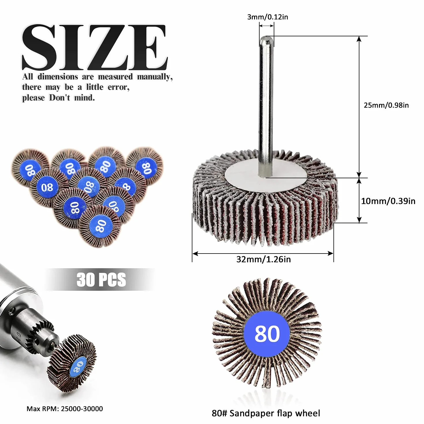 30 sztuk szlifierek wachlarzowych, średnica 32 mm, przegródki szlifierskie, 80 ziarnistość, tarcza polerska, do narzędzi obrotowych, usuwania rdzy, szlifowania, polerowania