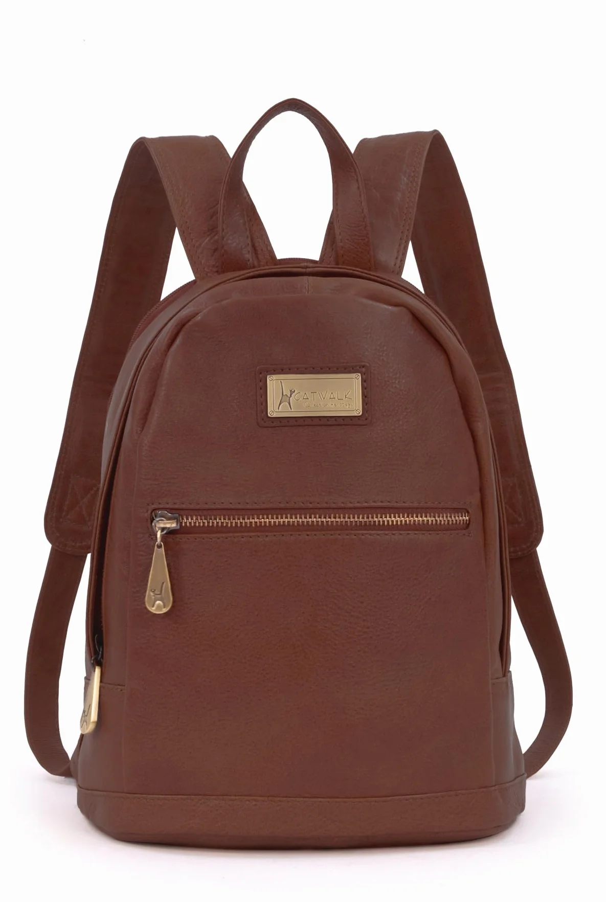 Catwalk Collection Handbags - Damski Skórzany Plecak Antykradzieżowy - Duży Plecak na Zamek dla Kobiet - z Wieloma Kieszeniami - Fern - Brązowy