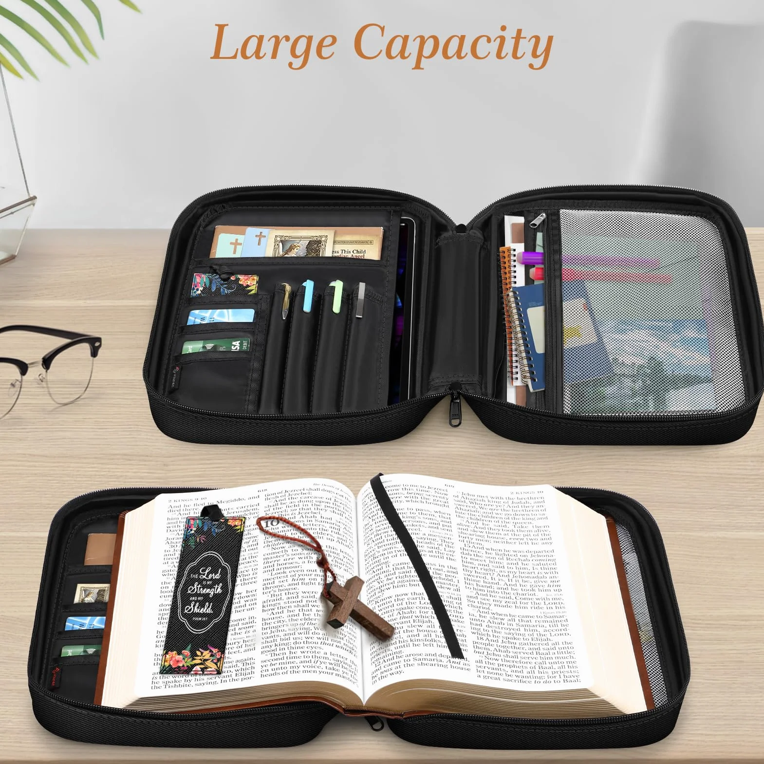 FINPAC Bible Cover, Carrying Book Case Church Bag Bible Protective with Handle and Zippered Pocket, Gift for Mother Lady Women Men, Floral Black