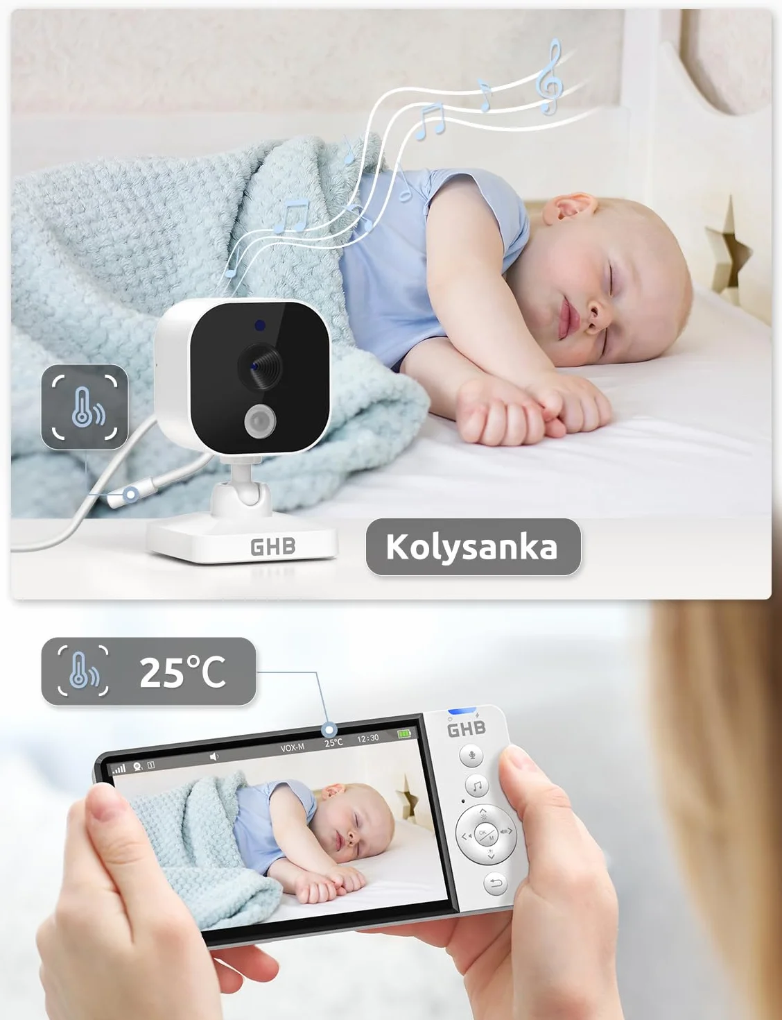 GHB Monitor dla Niemowląt z Kamerą Niania elektroniczna 5 Cali 720p HD 5000mAh Wyświetlacz IPS Tryb VOX Nocnego Widzenia Kolysanki Dwukierunkowa interkomunikacja Czujnik Temperatury