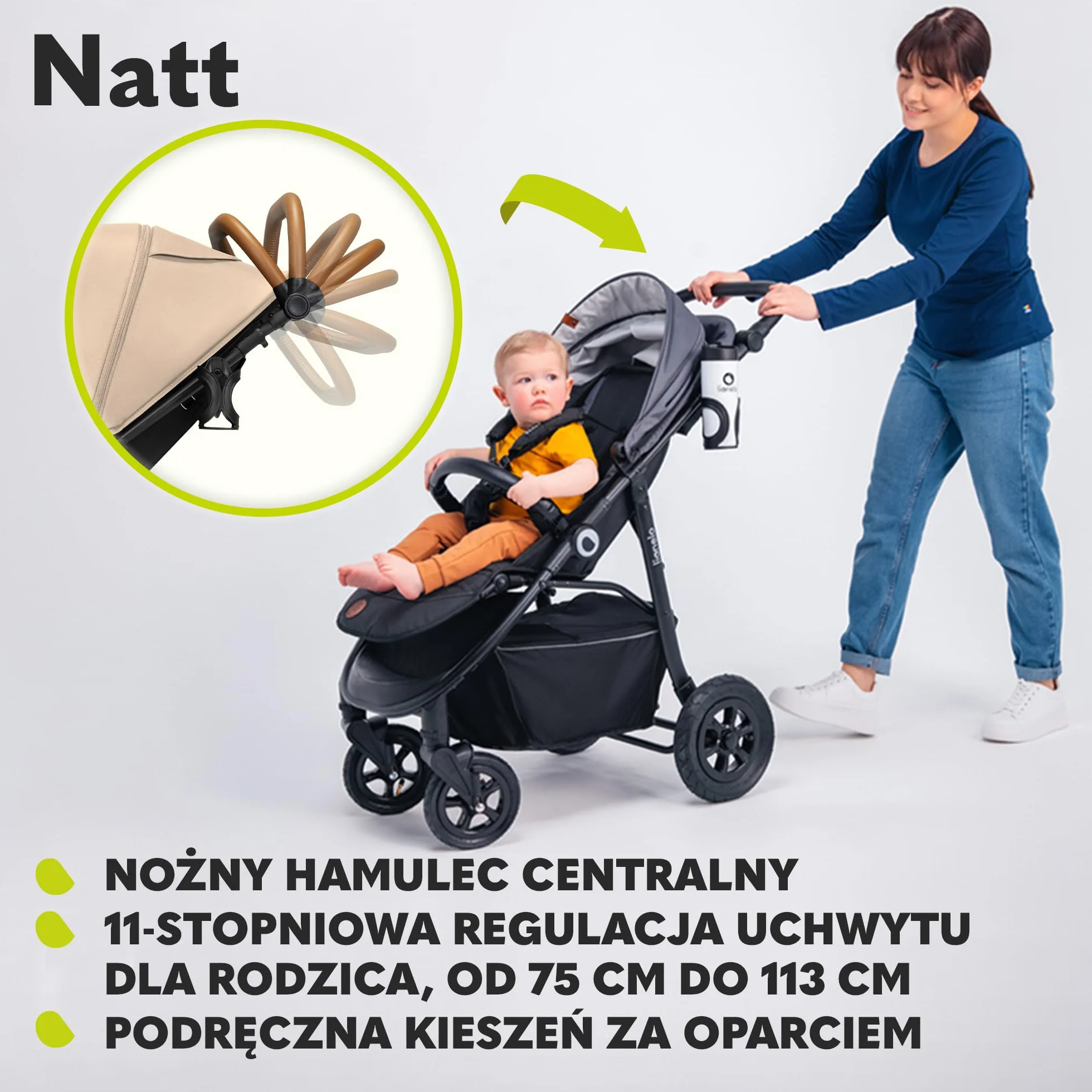 LIONELO Natt Spacerowy Wózek Dziecięcy do 22 kg Regulacja Uchwytu i Oparcia do Pozycji Leżącej, 5 Punktowe Pasy Duże Terenowe Koła Pełna Amortyzacja Wodoodporna Budka XXL, 0-4 lat (Beżowy)