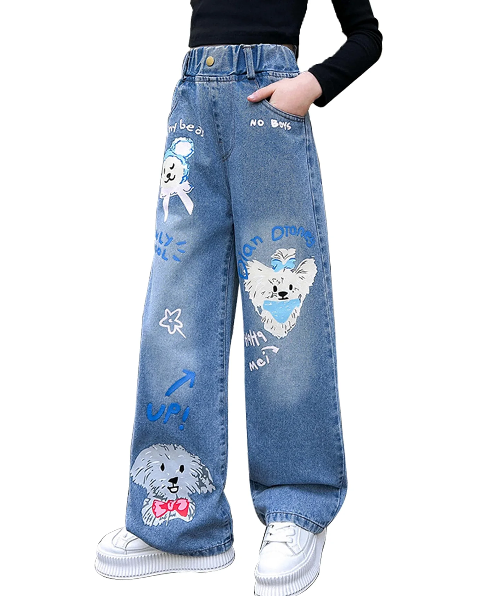 Dziewczęce dżinsy z szerokimi nogawkami, luźny krój, dżinsy, styl vintage, luźne, szerokie nogawki, streetwear z kieszeniami, elastyczny ściągacz