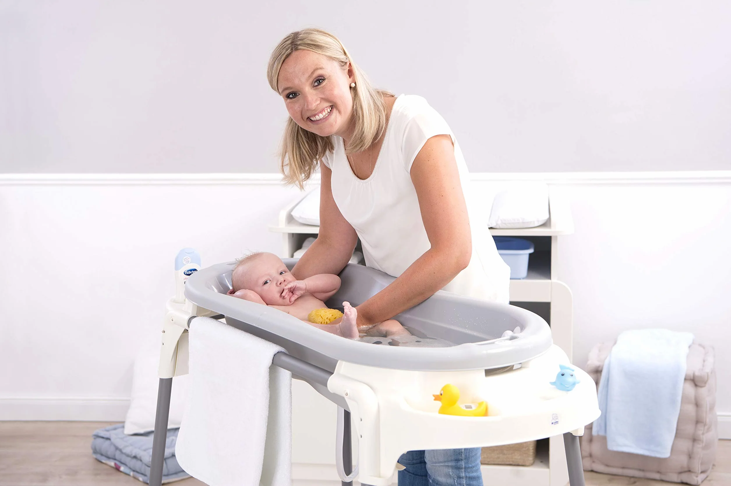 Rotho Babydesign TOP Xtra Duża wanienka, Z 2 matami antypoślizgowymi i korkiem spustowym, Idealna dla 2 dzieci, Do 36 miesiąca, TOP Xtra, Stone Grey (Szary), 20500 0286