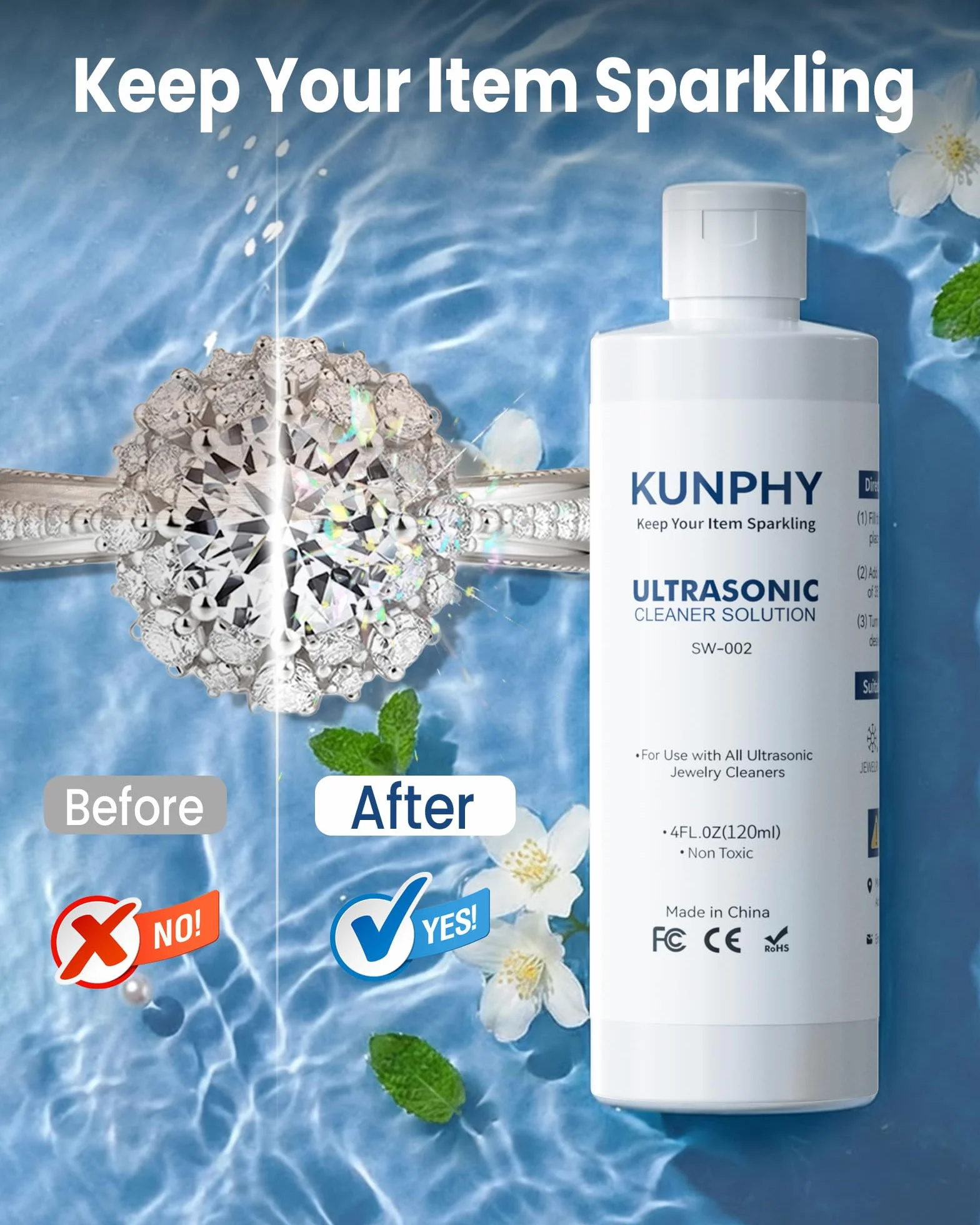KUNPHY Koncentrat do myjki ultradźwiękowej [120ml] - środek czyszczący do urządzeń ultradźwiękowych - środek do czyszczenia biżuterii we wszystkich urządzeniach do czyszczenia ultradźwiękami