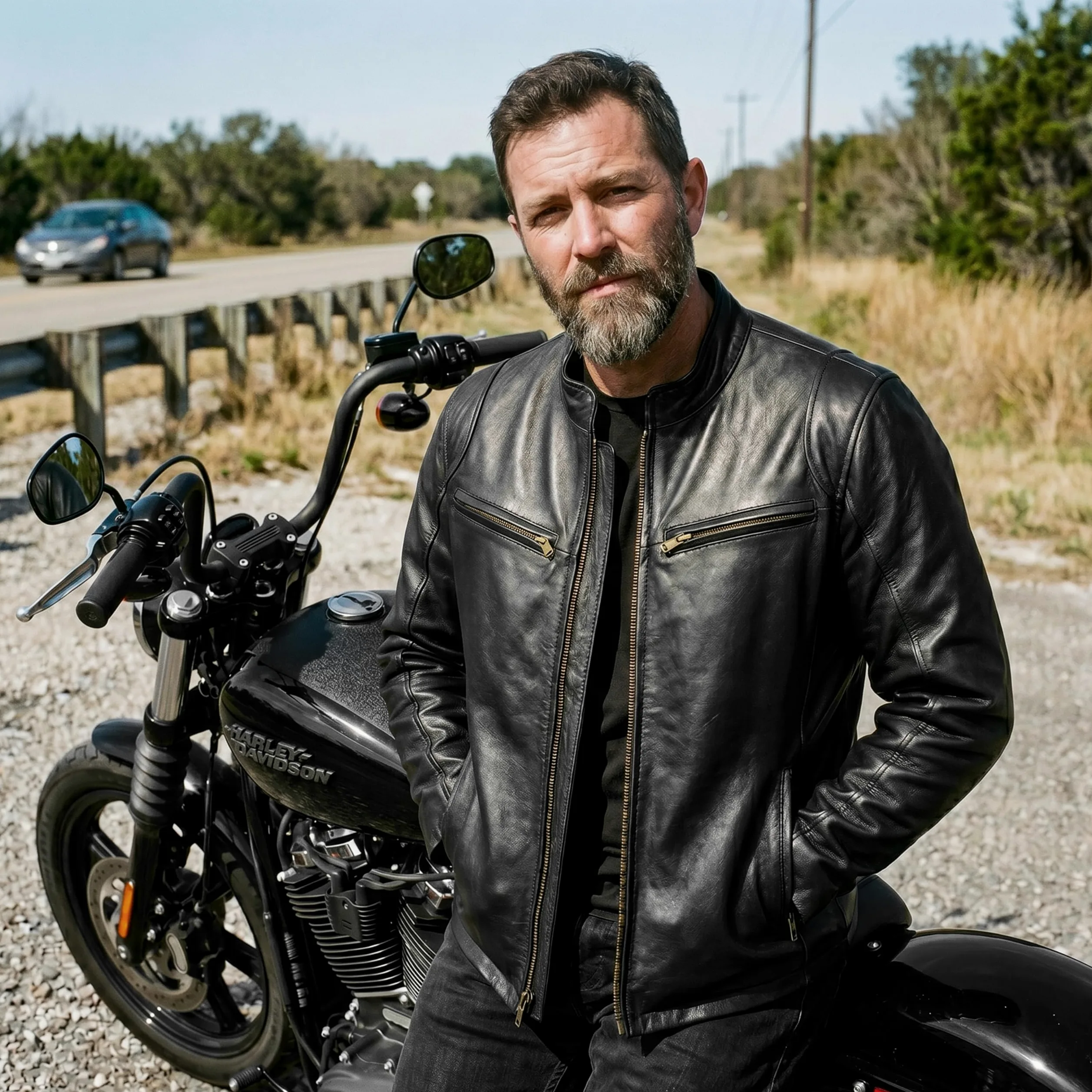 Leatherick Męska skórzana kurtka motocyklowa - Czarna kurtka motocyklowa w stylu Hooper z owczą skórą z wieloma kieszeniami